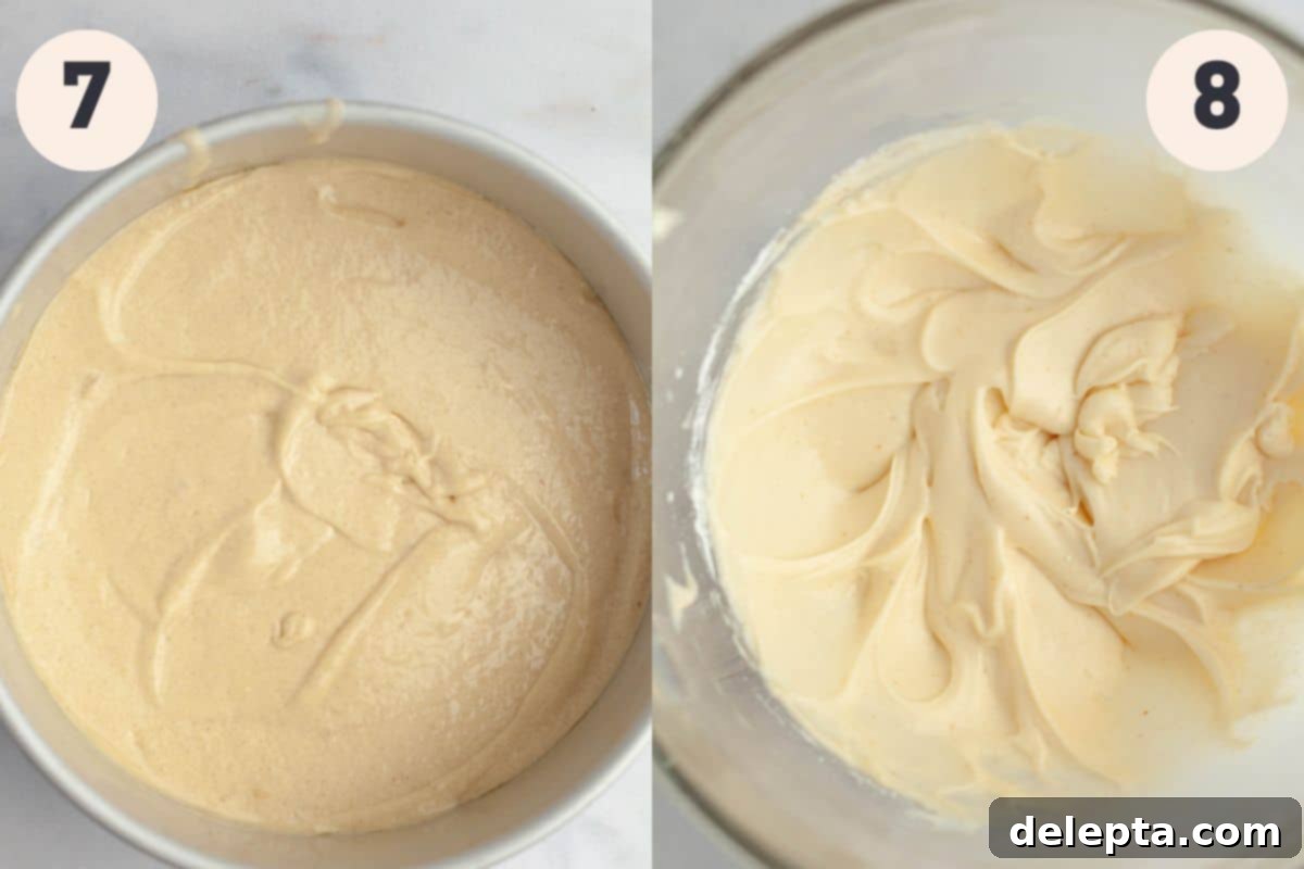 Brown Butter Cream Cheese Cardamom Cake 8 Steps 7 and 8 in the cardamom cake baking process, showing baked cake layers and frosting preparation.