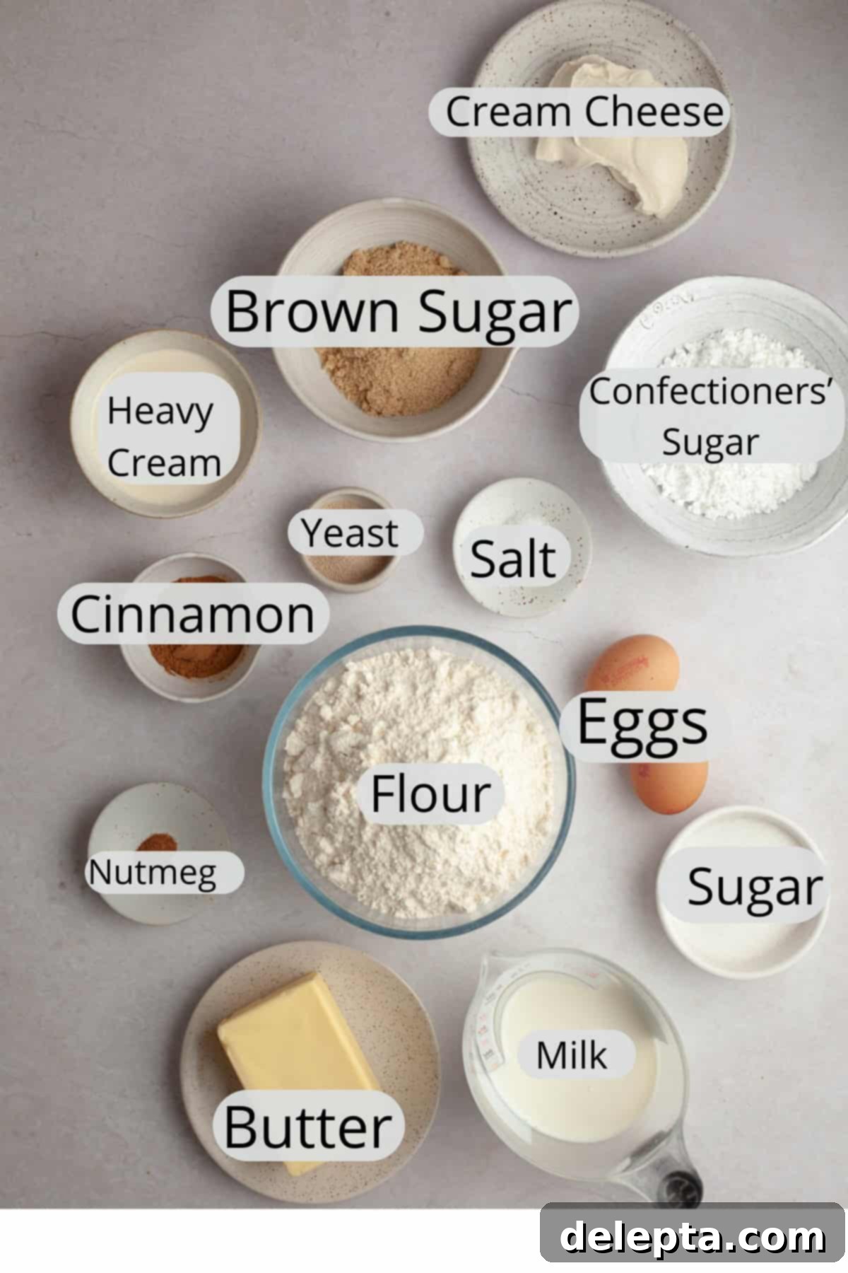 Rich Brown Butter Cinnamon Rolls with Velvety Brown Butter Frosting 3 All the ingredients needed to make brown butter cinnamon rolls, weighed out into small bowls.