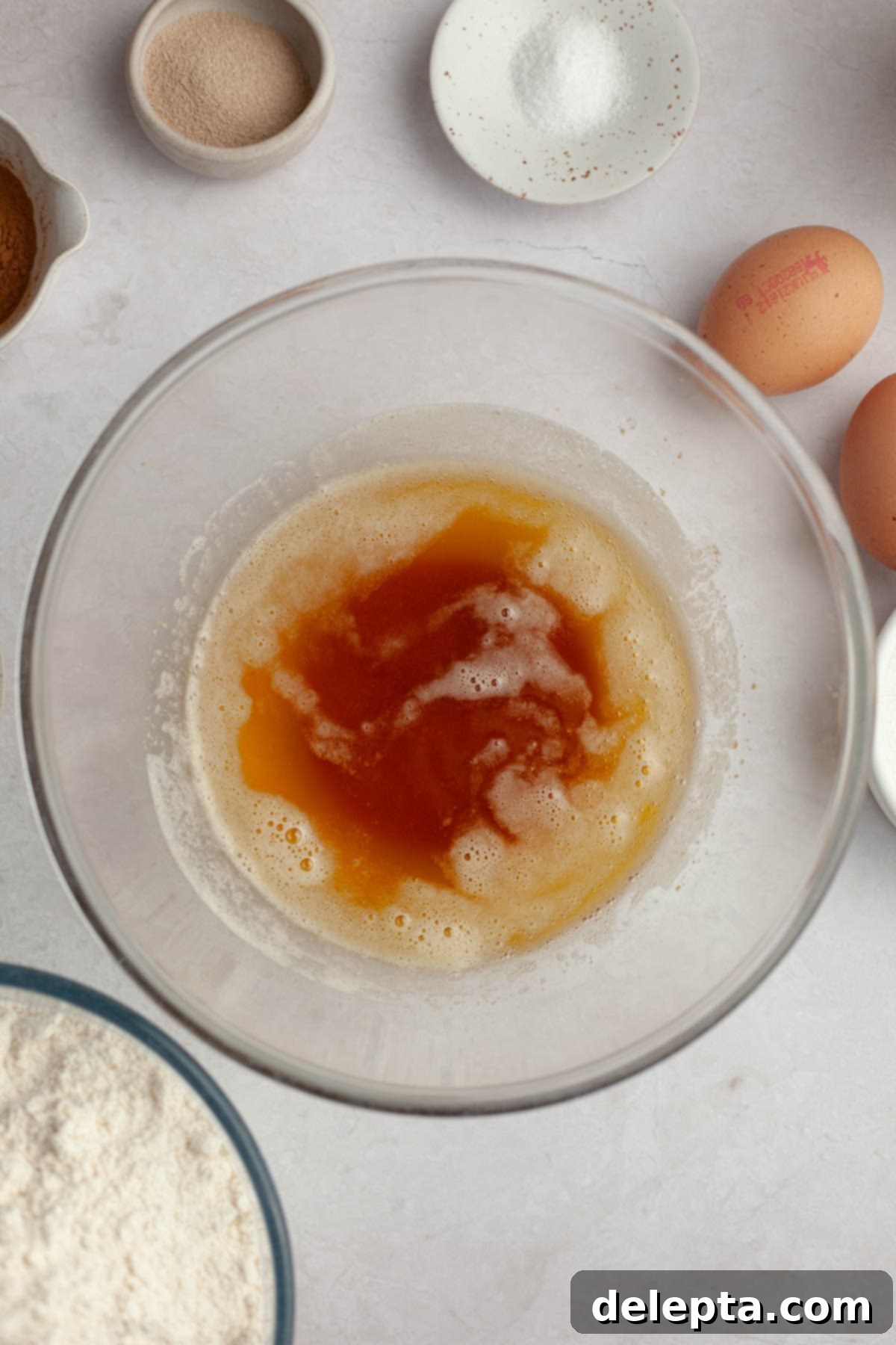 Rich Brown Butter Cinnamon Rolls with Velvety Brown Butter Frosting 4 Brown butter in a glass bowl.