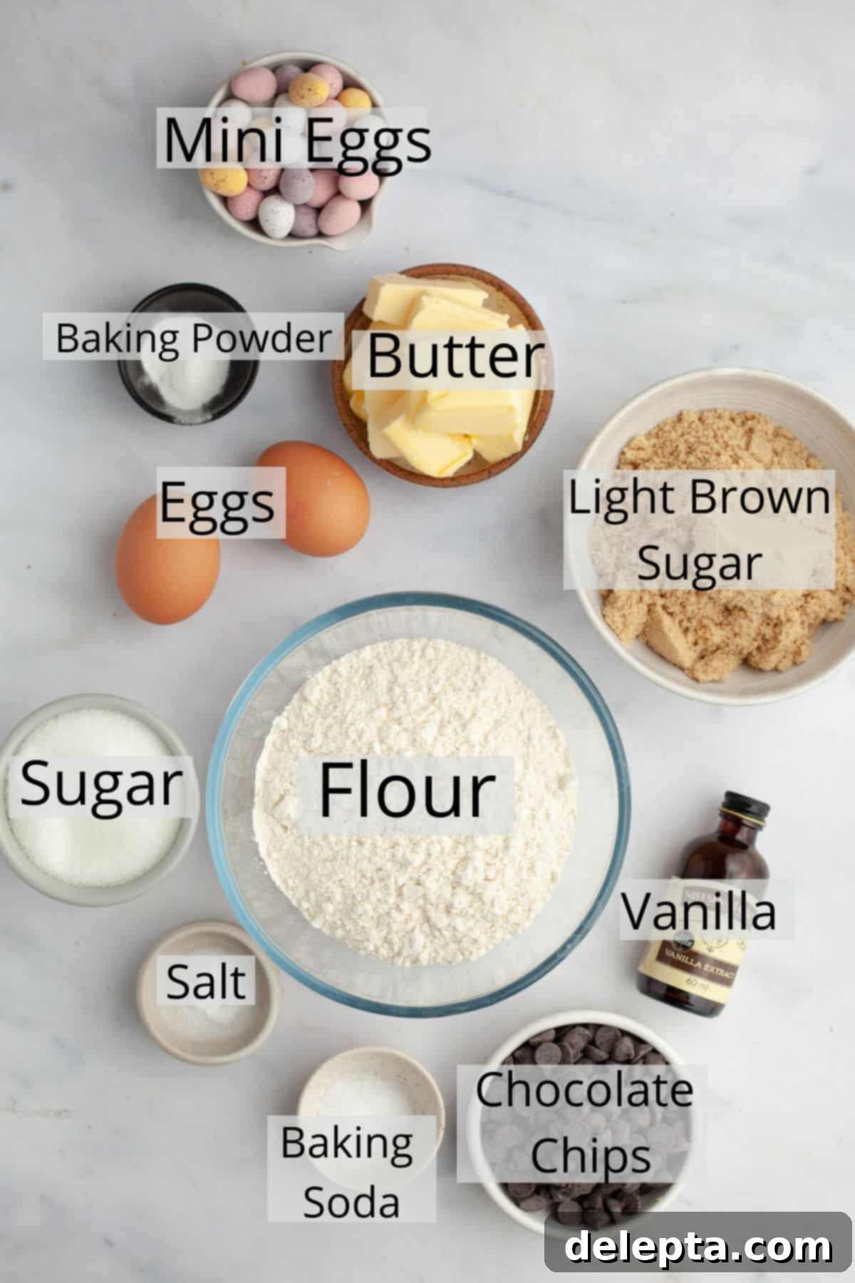 The Ultimate One Bowl Soft and Chewy Mini Egg Cookies 3 All the ingredients needed to make brown butter mini egg cookies, precisely weighed out into small bowls for baking.