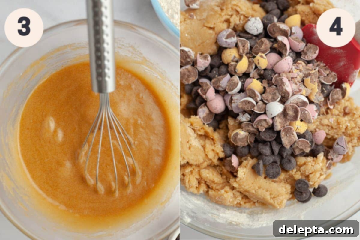 The Ultimate One Bowl Soft and Chewy Mini Egg Cookies 5 Steps 3 and 4 of mini egg cookie preparation: adding egg and mixing dry ingredients.