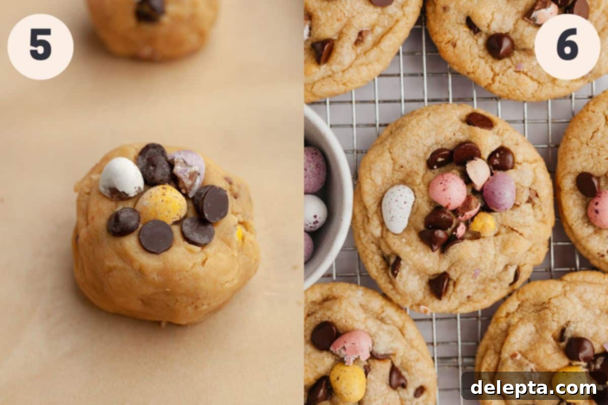 The Ultimate One Bowl Soft and Chewy Mini Egg Cookies 6 Steps 5 and 6: scooping cookie dough and baking brown butter mini egg cookies.