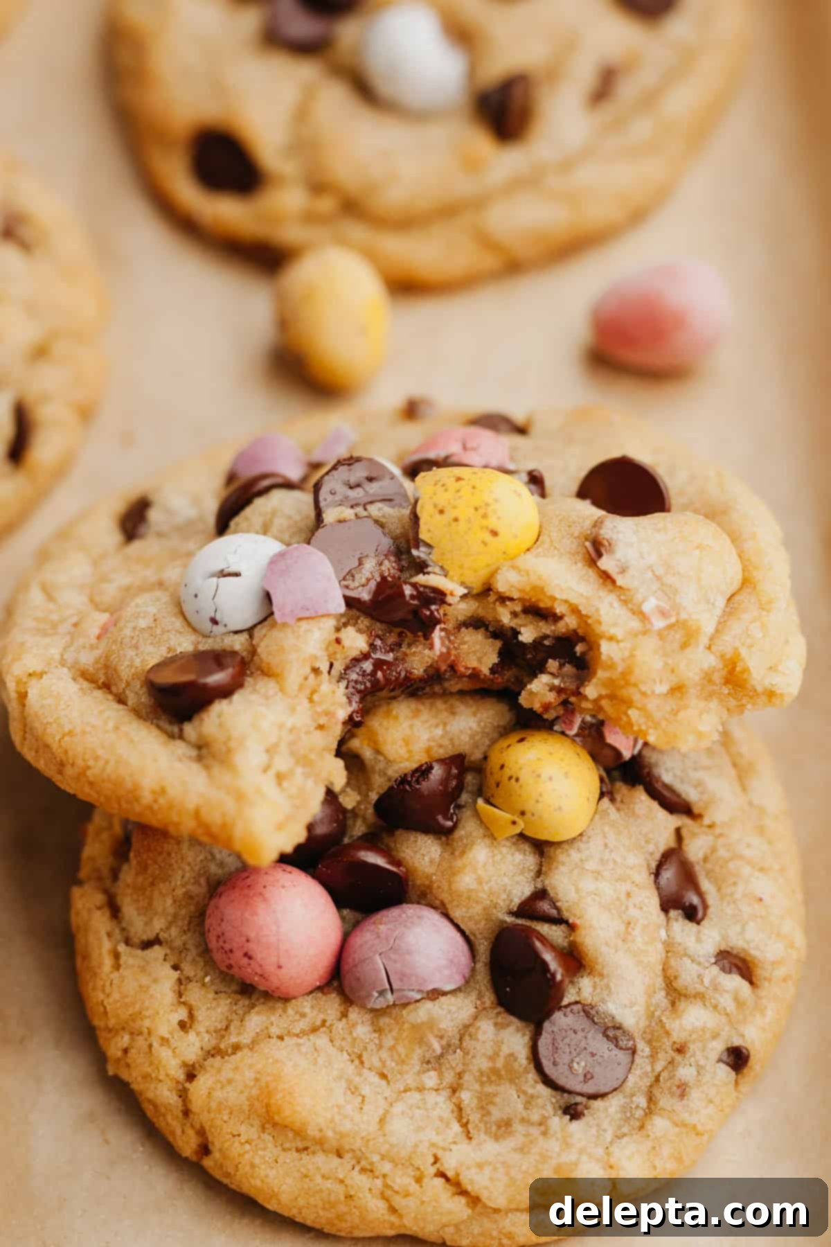 The Ultimate One Bowl Soft and Chewy Mini Egg Cookies 7 Two warm chocolate chip mini egg cookies on parchment paper, one with a bite taken out, showing its soft interior.