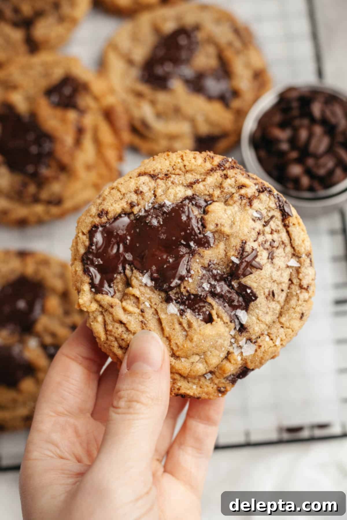 Decadent Espresso Infused Brown Butter Chocolate Cookies 2 A hand holding a brown butter chocolate chip espresso cookie, sprinkled with some flaky sea salt.