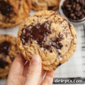 Decadent Espresso Infused Brown Butter Chocolate Cookies 12 A hand holding a brown butter chocolate chip espresso cookies, sprinkled with some flaky sea salt.