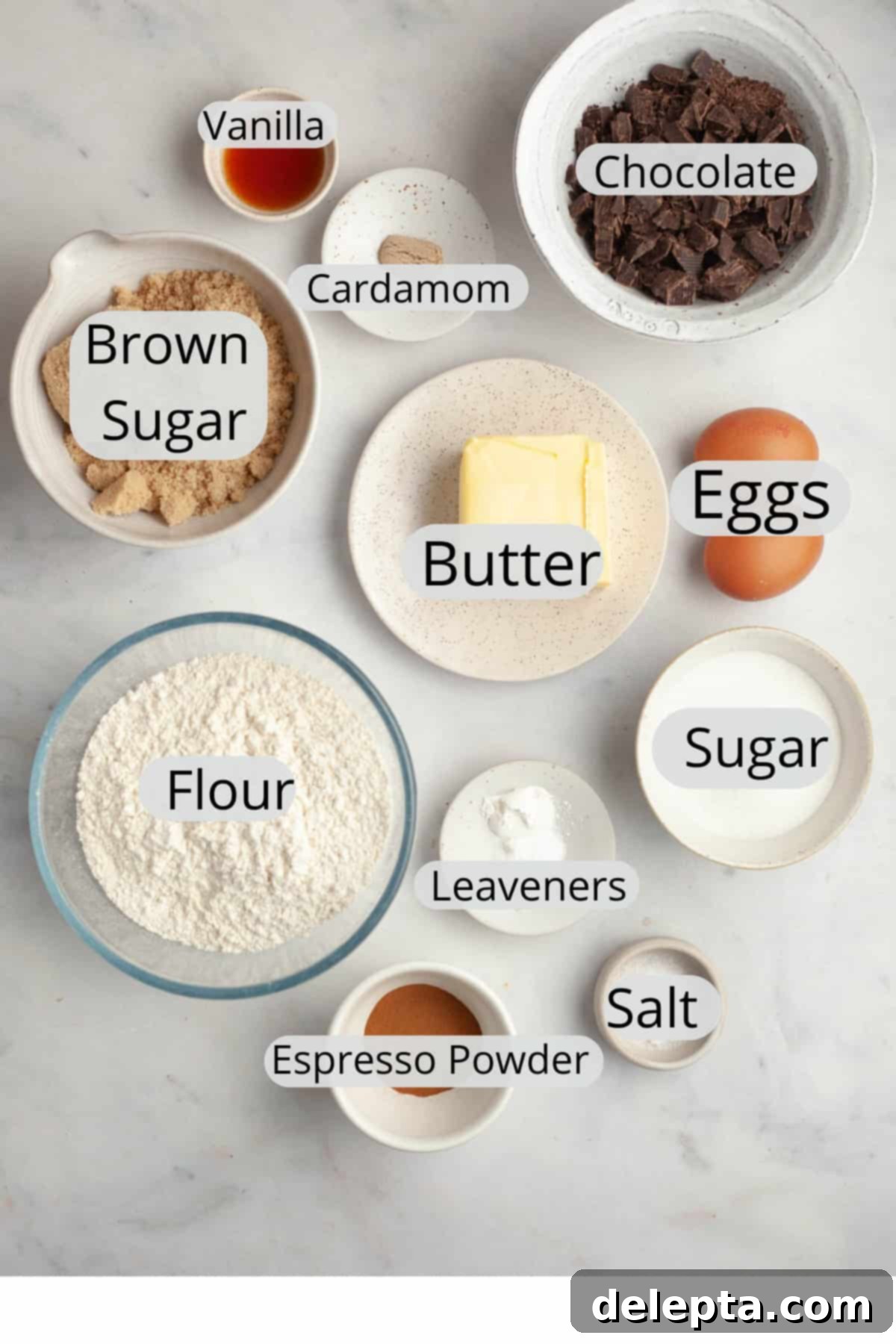 Decadent Espresso Infused Brown Butter Chocolate Cookies 3 All the ingredients needed to make espresso chocolate chip cookies, weighed out into small bowls.