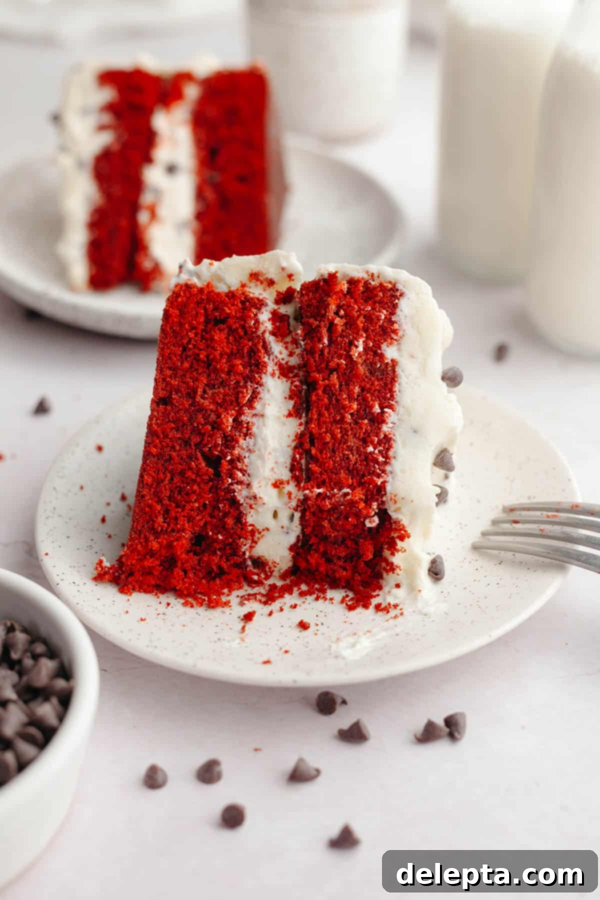 Red Velvet Chocolate Chip Indulgence 13 A close-up shot of a beautifully frosted slice of red velvet chocolate chip cake, showing off its moist texture, mini chocolate chips, and thick cream cheese frosting on a small white plate.