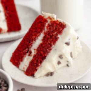 Red Velvet Chocolate Chip Indulgence 14 A delectable slice of red velvet cake, adorned with mini chocolate chips and generous cream cheese frosting, awaiting its first bite.