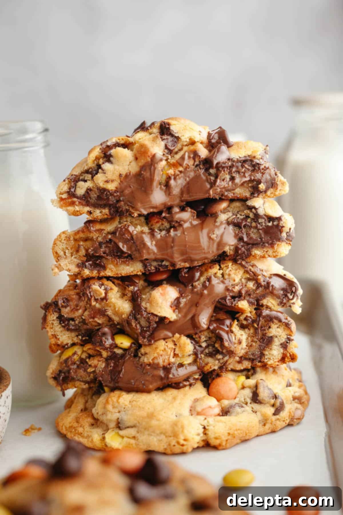 Decadent Peanut Butter Nutella Stuffed Chocolate Chip Cookies 2 A stack of five peanut butter Nutella cookies, two of the cookies are broken in half showing that they're gloriously stuffed with melted Nutella.