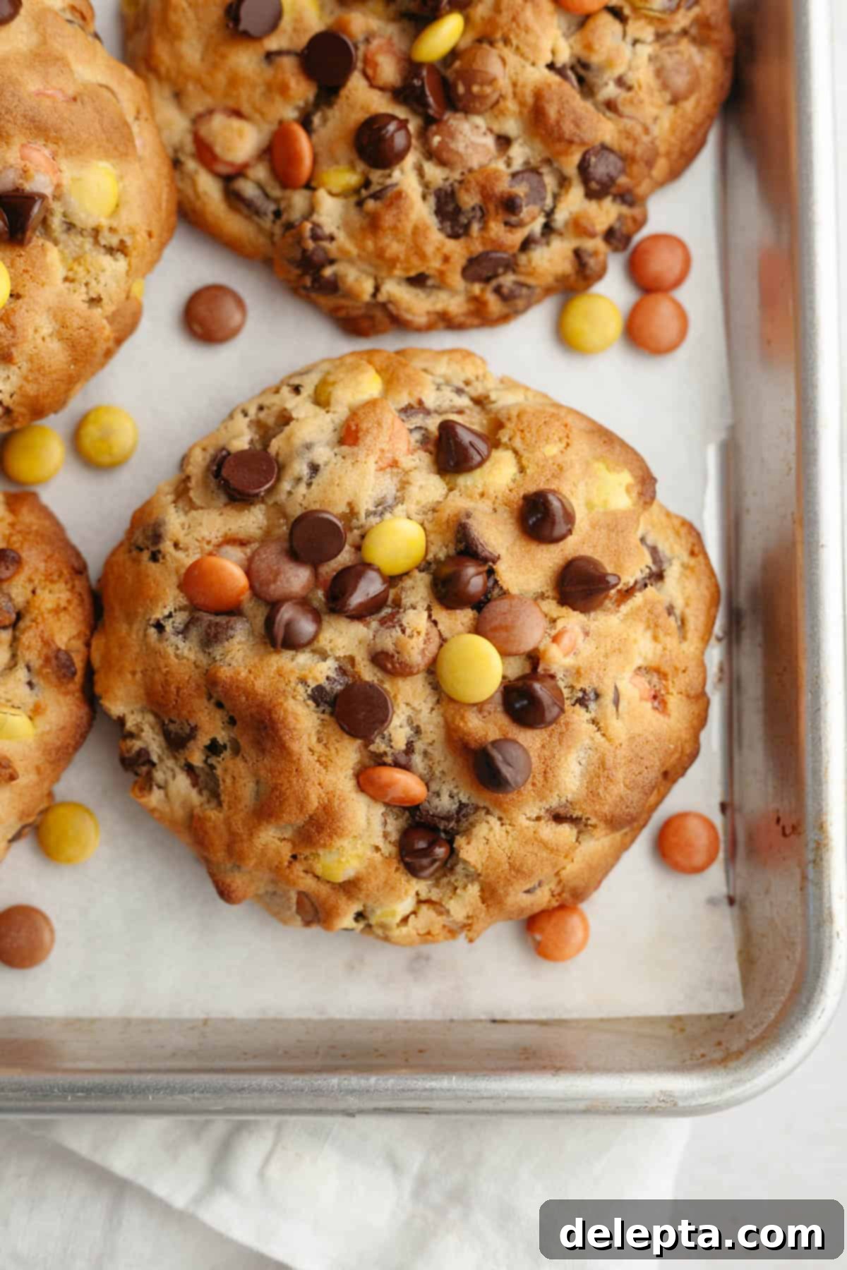 Decadent Peanut Butter Nutella Stuffed Chocolate Chip Cookies 11 Freshly baked peanut butter Nutella cookies on a baking sheet, cooling.