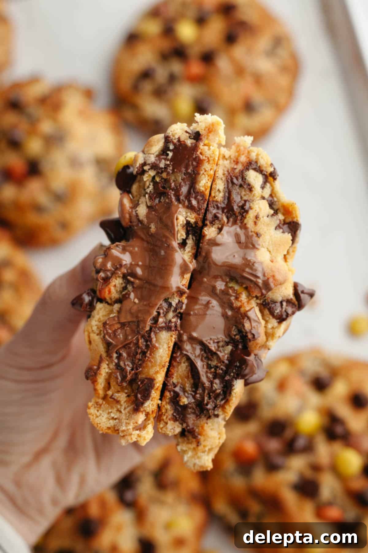 Decadent Peanut Butter Nutella Stuffed Chocolate Chip Cookies 12 A hand holding a peanut butter cookie broken in half, showing it is stuffed with molten Nutella inside.