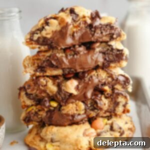 Decadent Peanut Butter Nutella Stuffed Chocolate Chip Cookies 14 A stack of five peanut butter Nutella cookies, two of the cookies are broken in half showing that they're stuffed with Nutella.