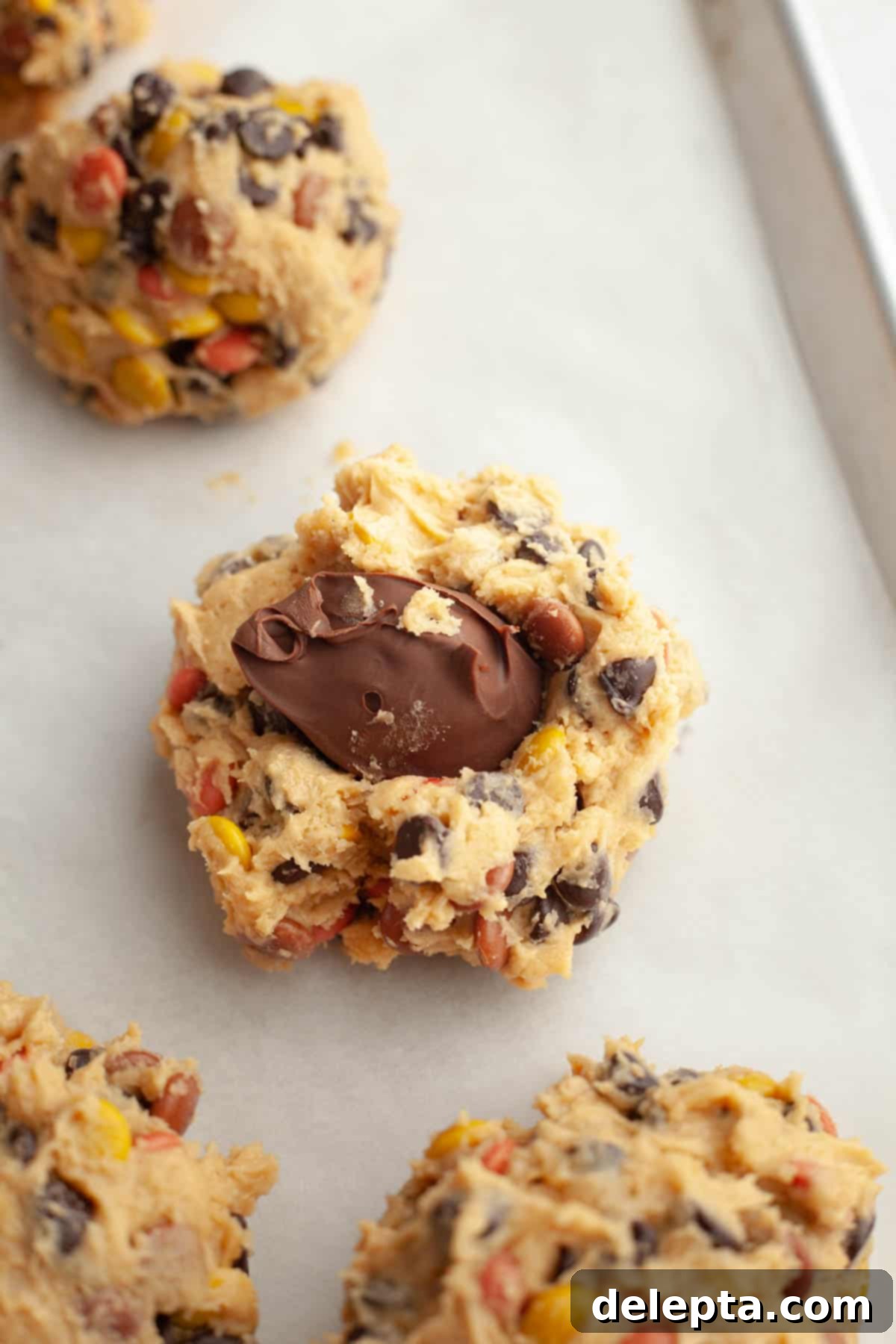 Decadent Peanut Butter Nutella Stuffed Chocolate Chip Cookies 10 Large peanut butter cookie dough balls on parchment paper, one has a dollop of Nutella on top before being encased.