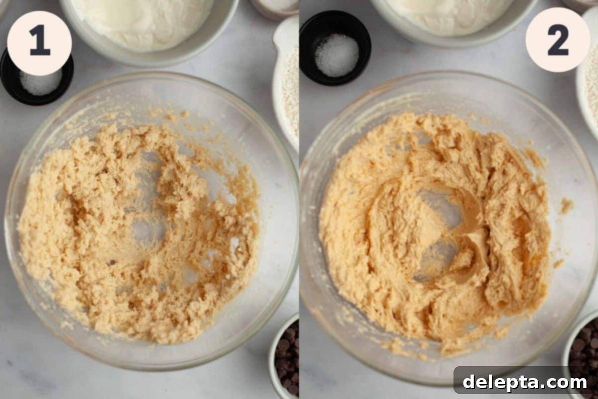 Velvety Chocolate Sour Cream Pound Cake 4 The initial steps of preparing the chocolate pound cake batter: creaming butter and sugar, then adding the egg, showcasing a smooth, well-combined mixture.