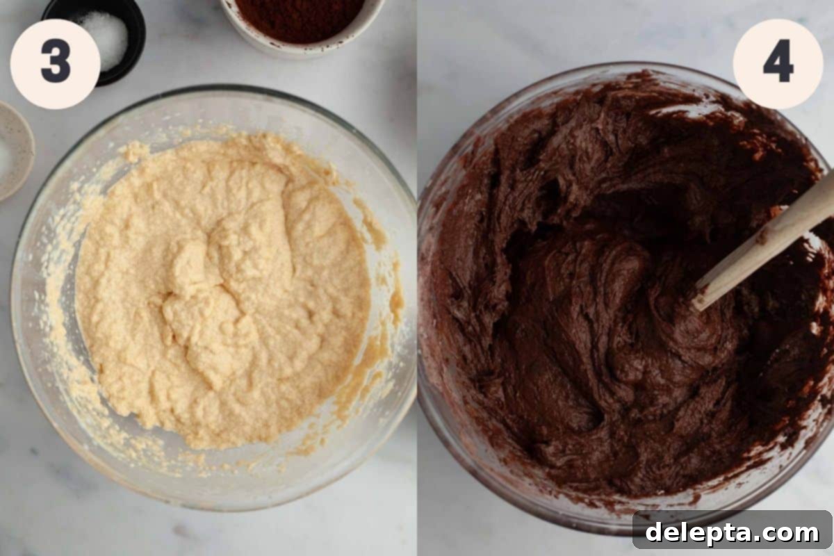 Velvety Chocolate Sour Cream Pound Cake 5 The wet ingredients for the chocolate pound cake batter are mixed, followed by the careful folding of dry ingredients and chocolate chips, illustrating the smooth, thick consistency.