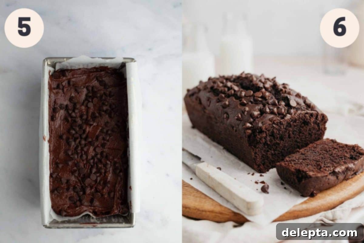 Velvety Chocolate Sour Cream Pound Cake 6 The final steps of baking the chocolate pound cake: pouring the thick batter into the lined loaf pan and sprinkling with reserved chocolate chips, ready for the oven.