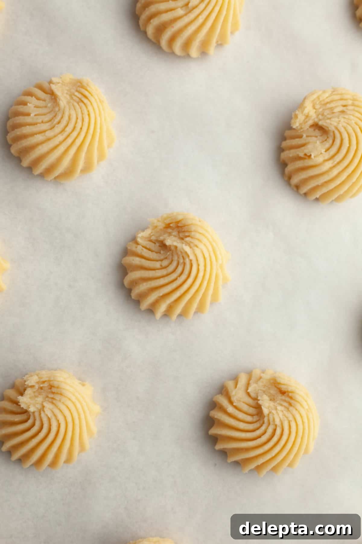 Decadent Chocolate Dipped Danish Butter Cookies 7 Beautifully piped Danish butter cookies arranged on parchment paper, ready for chilling.