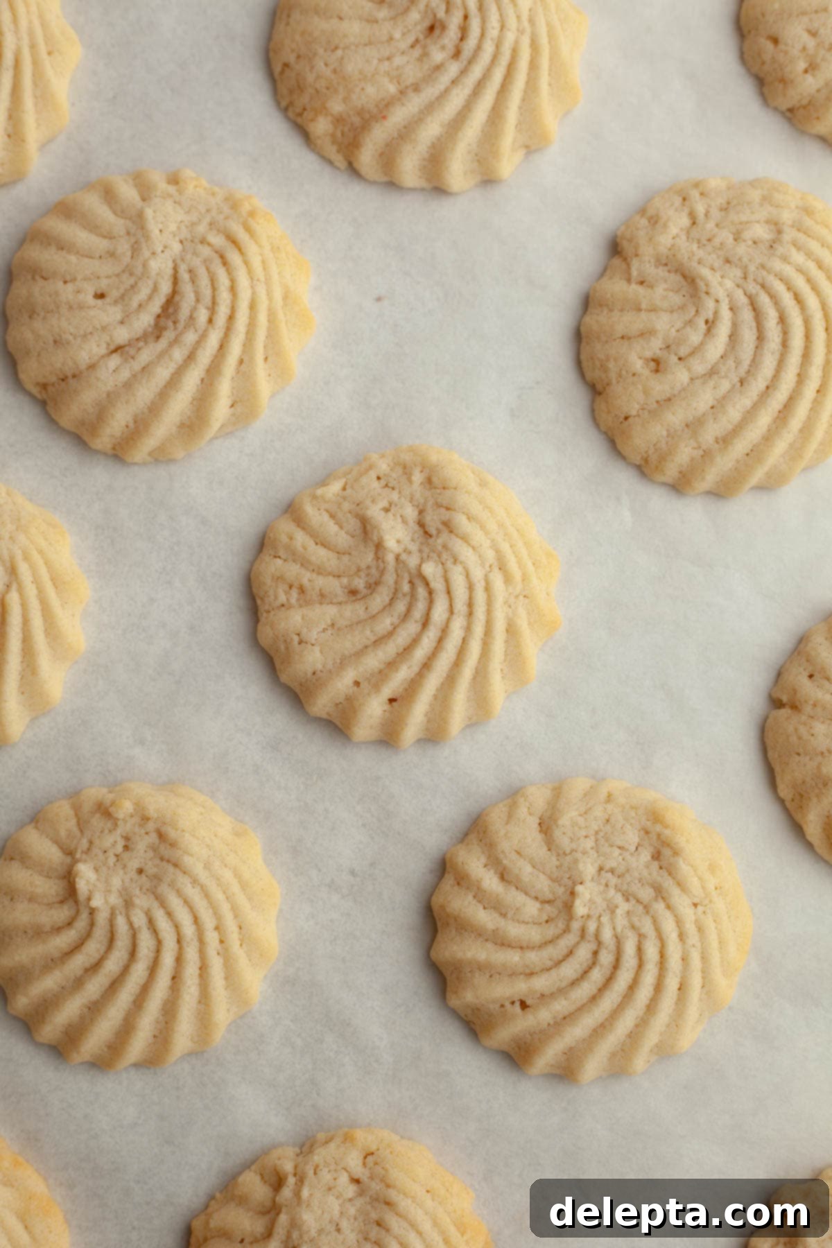 Decadent Chocolate Dipped Danish Butter Cookies 8 Perfectly baked Danish butter cookies, golden around the edges, on parchment paper.