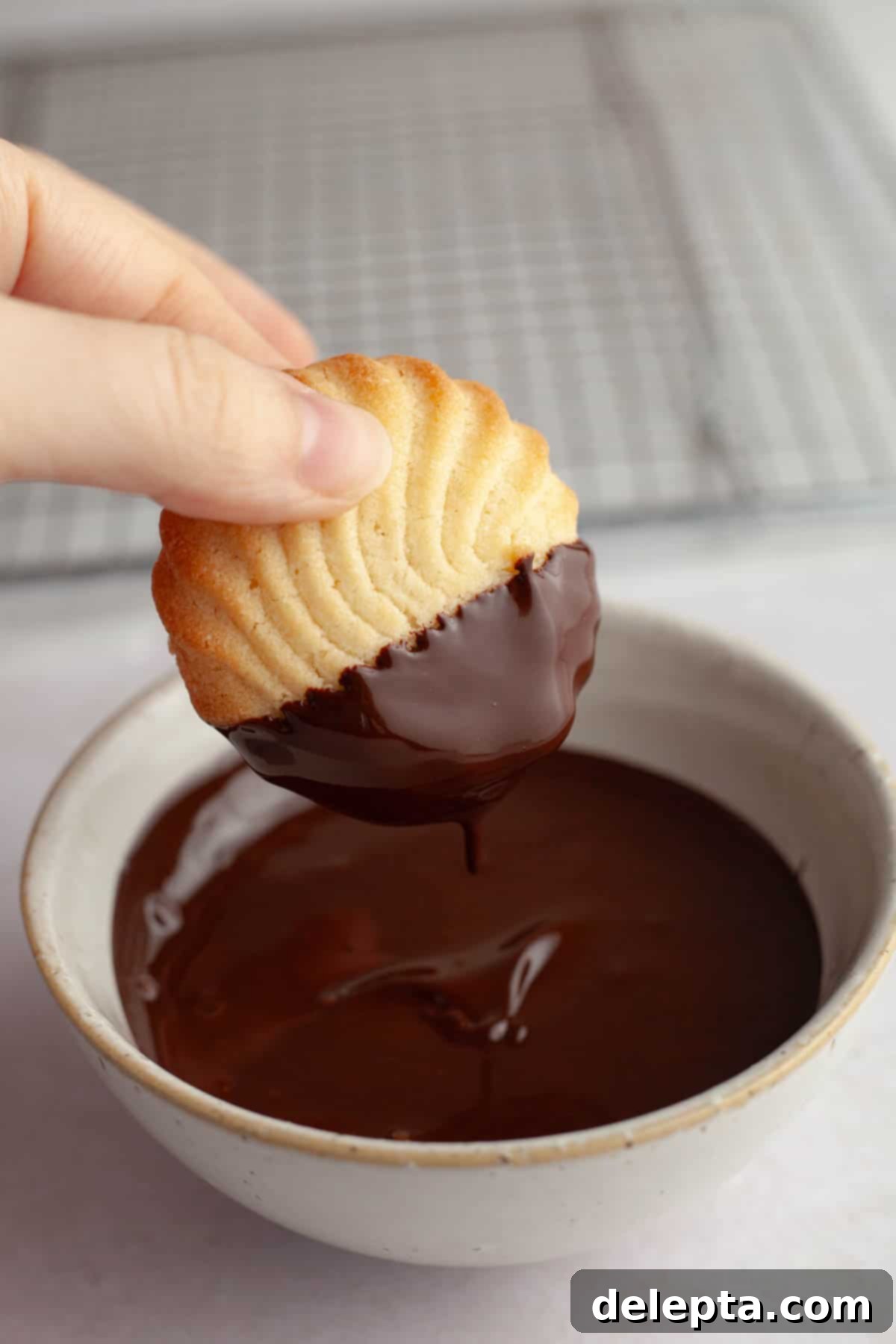 Decadent Chocolate Dipped Danish Butter Cookies 9 A hand carefully dipping a perfectly piped butter cookie into a bowl of glossy melted chocolate.