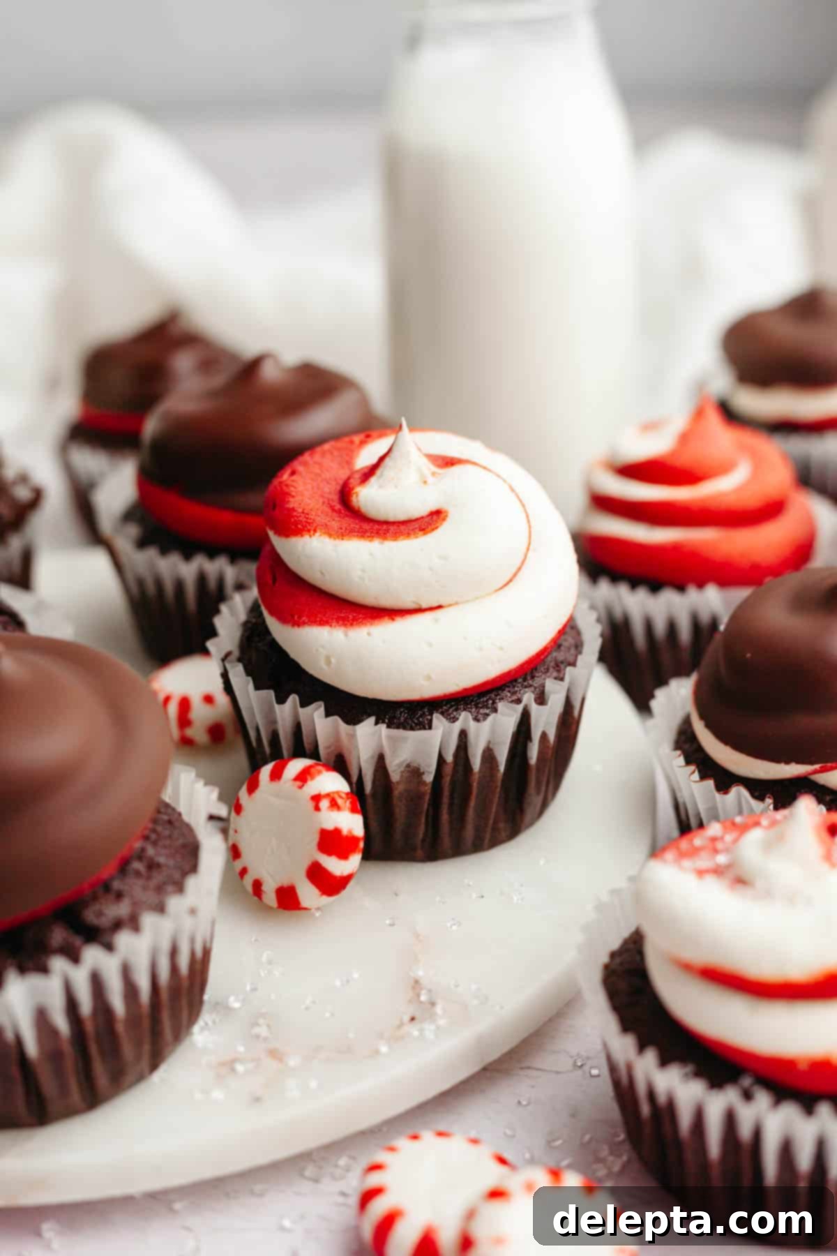 Peppermint Chocolate Dream Cupcakes 2 Chocolate cupcakes with red and white swirled frosting, some cupcakes have a chocolate hi-hat. Festive and delicious holiday treat.