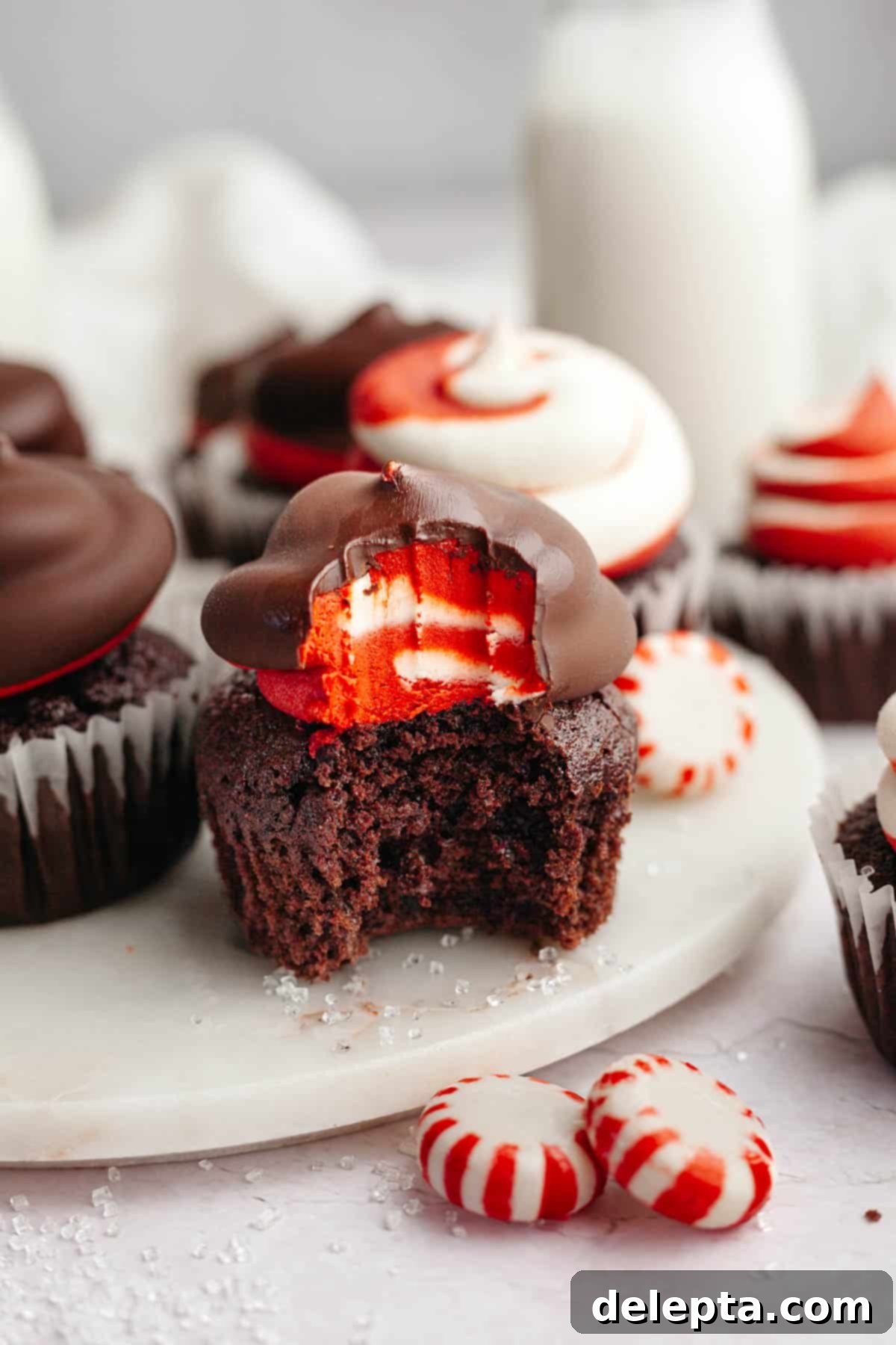 Peppermint Chocolate Dream Cupcakes 12 Chocolate cupcakes with red and white swirled frosting, some cupcakes have a chocolate hi-hat, one has a bite taken out of it, showing its delicious layers.