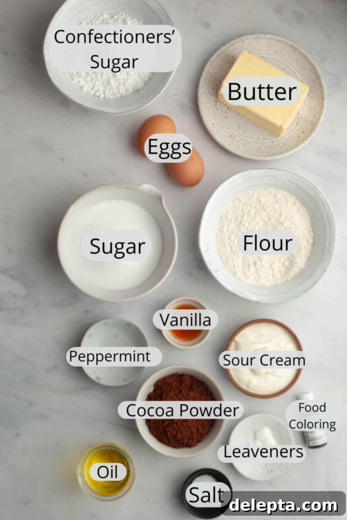 Peppermint Chocolate Dream Cupcakes 3 All the ingredients needed to make peppermint chocolate cupcakes, weighed out into small bowls, showcasing quality and precision.