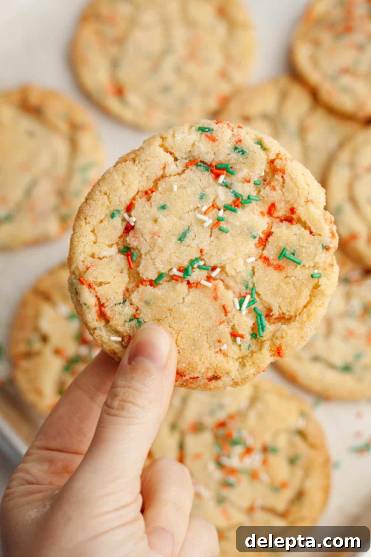 Melt-in-Your-Mouth Brown Butter Christmas Sprinkle Cookies 10 A hand holding a sprinkle sugar cookie with red, white, and green sprinkles, highlighting its perfect round shape.