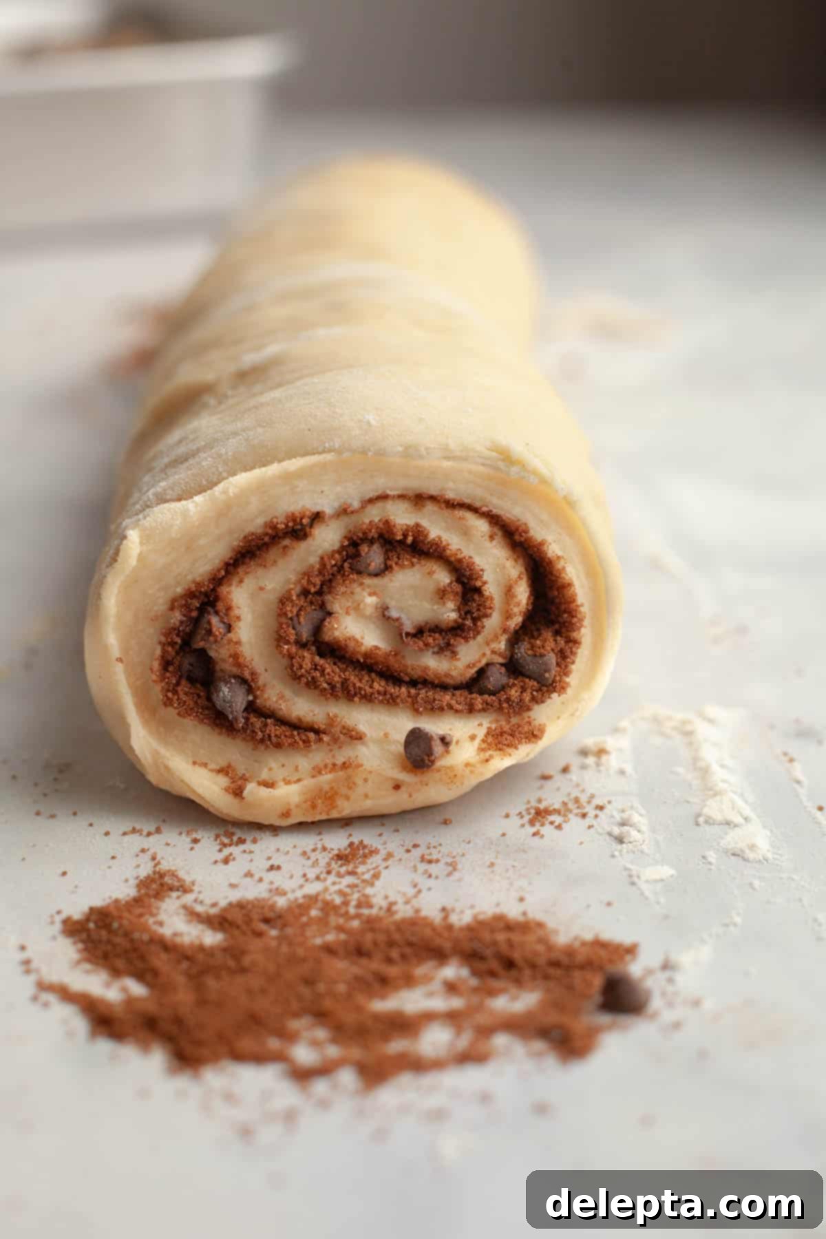 Decadent Double Chocolate Cinnamon Swirls 9 A tightly rolled chocolate cinnamon roll log is being cut into individual pieces with a serrated knife on a cutting board.