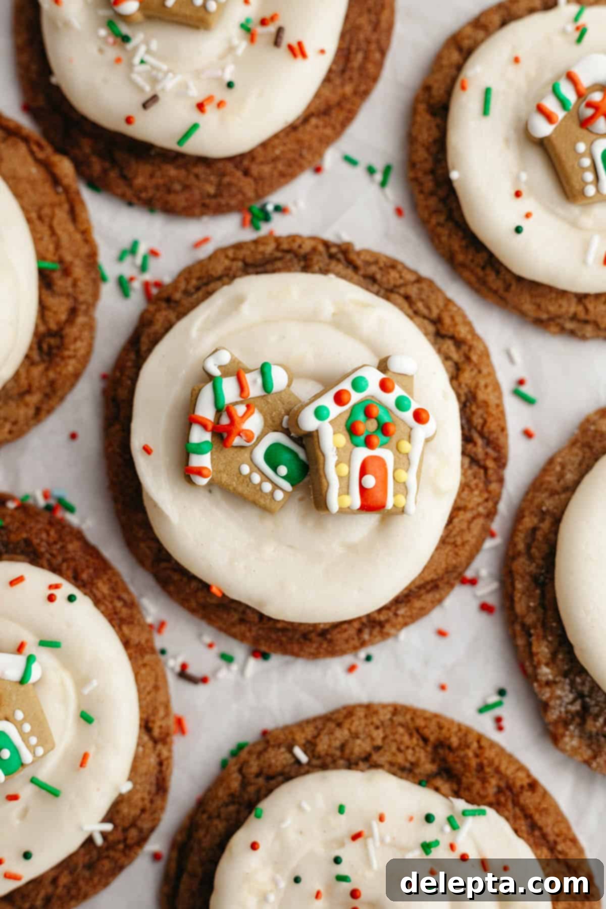 Velvet Gingerbread Cookies with Cream Cheese Frosting 2 A close up of a gingerbread cookie frosted with cream cheese frosting and a small gingerbread house decoration, showcasing its soft texture and festive appeal.