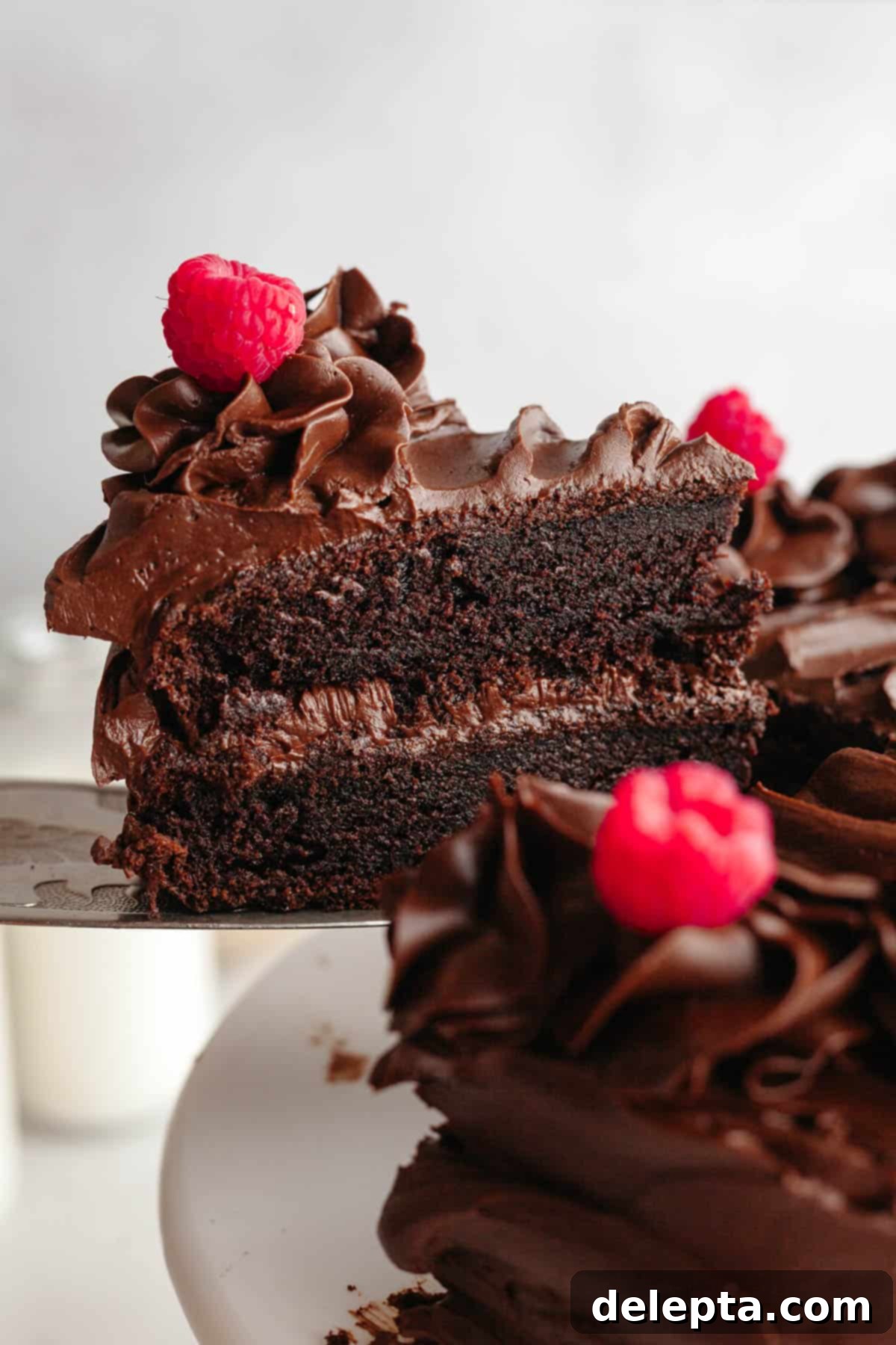 Moist and Easy Chocolate Cake with Decadent Chocolate Ganache 2 A perfectly sliced piece of rich chocolate cake, generously frosted with whipped chocolate ganache, being elegantly lifted from the cake with a silver cake server, revealing its moist layers.