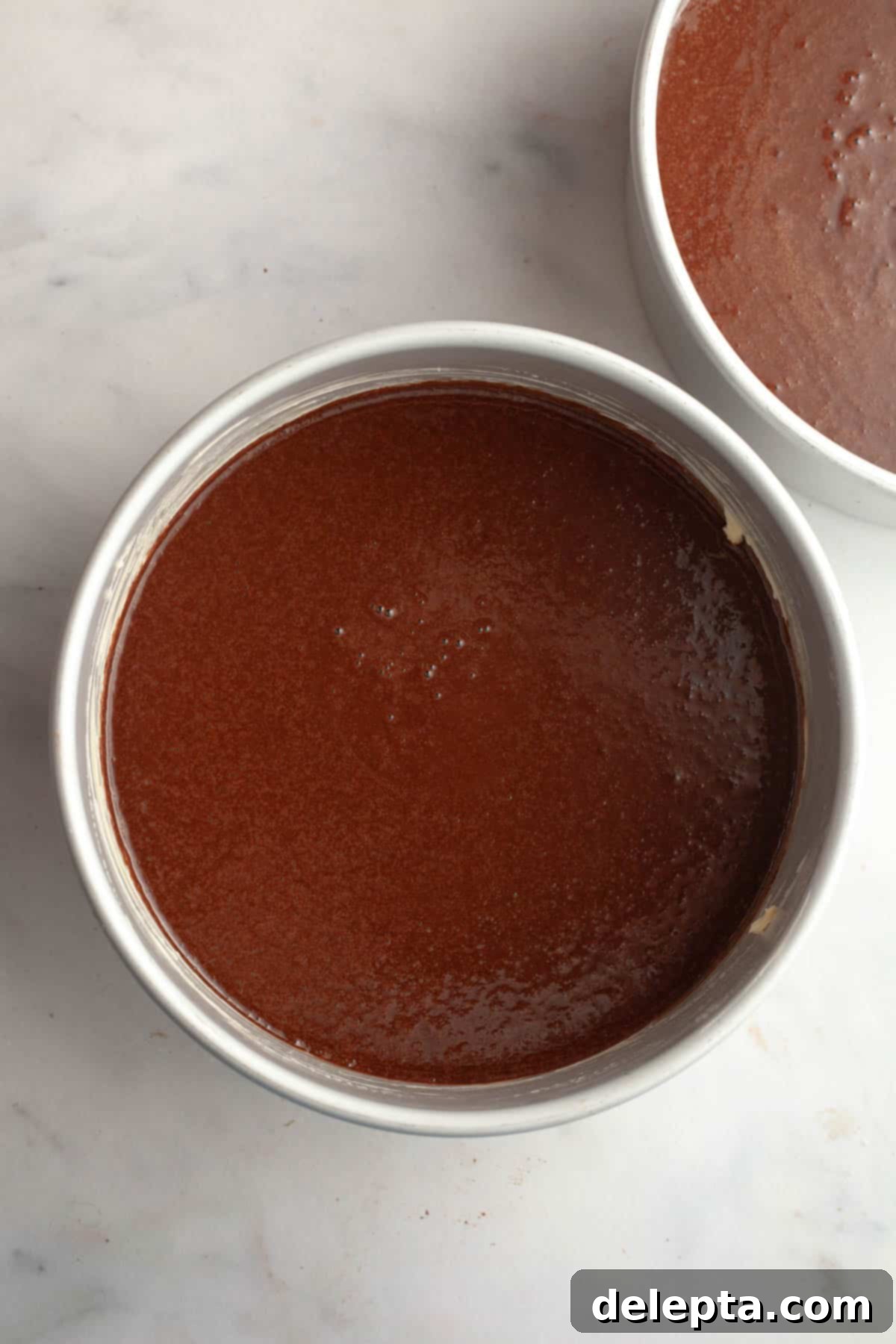 Moist and Easy Chocolate Cake with Decadent Chocolate Ganache 7 Rich, unbaked chocolate cake batter evenly distributed between two round cake pans, ready to be placed in the oven.