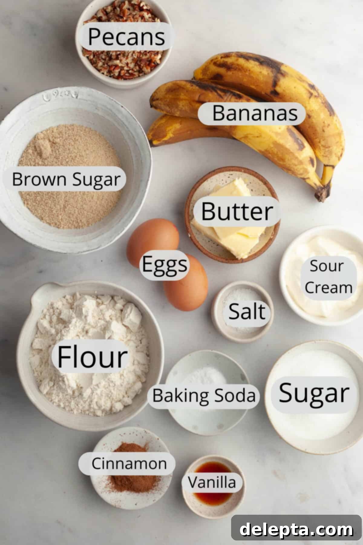 Decadent Brown Butter Cinnamon Pecan Banana Bread 3 All the ingredients needed to make banana bread with pecans, weighed out into small bowls.