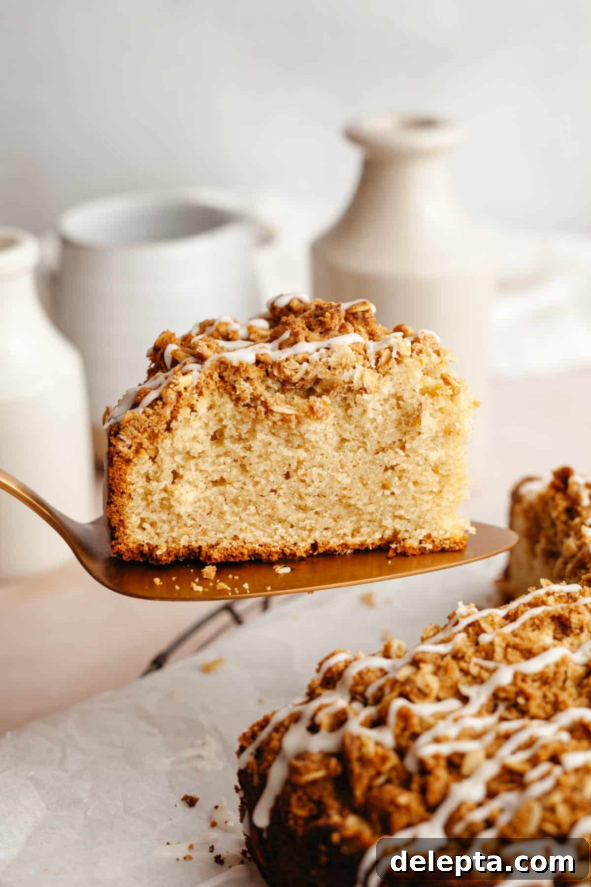 Irresistible Brown Butter Cardamom Almond Cake Recipe 10 A slice of cardamom almond cake being lifted out with a cake server, drizzled with a glaze.