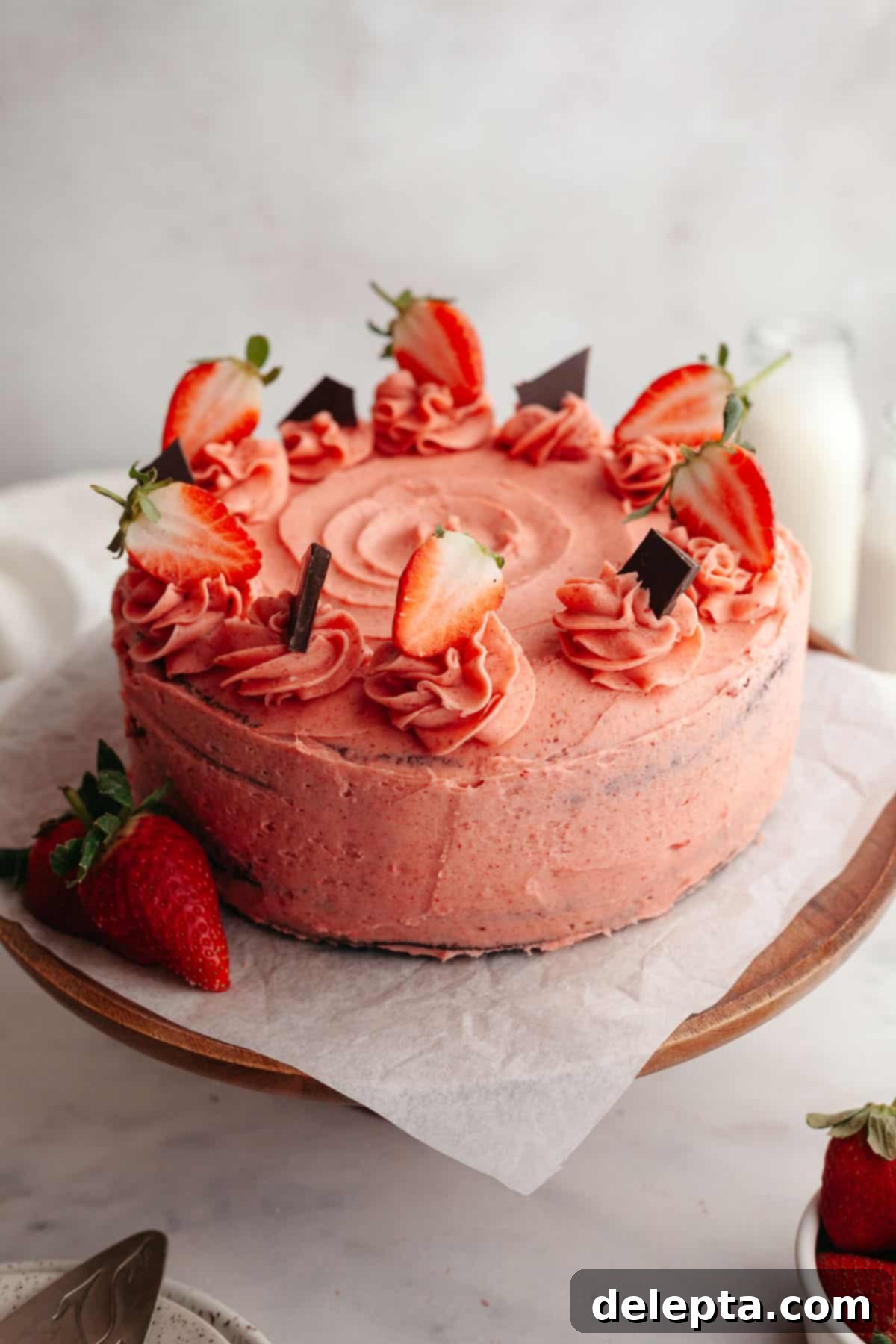 Decadent Chocolate Strawberry Dream Cake 12 A chocolate covered covered in strawberry frosting on a cake stand.