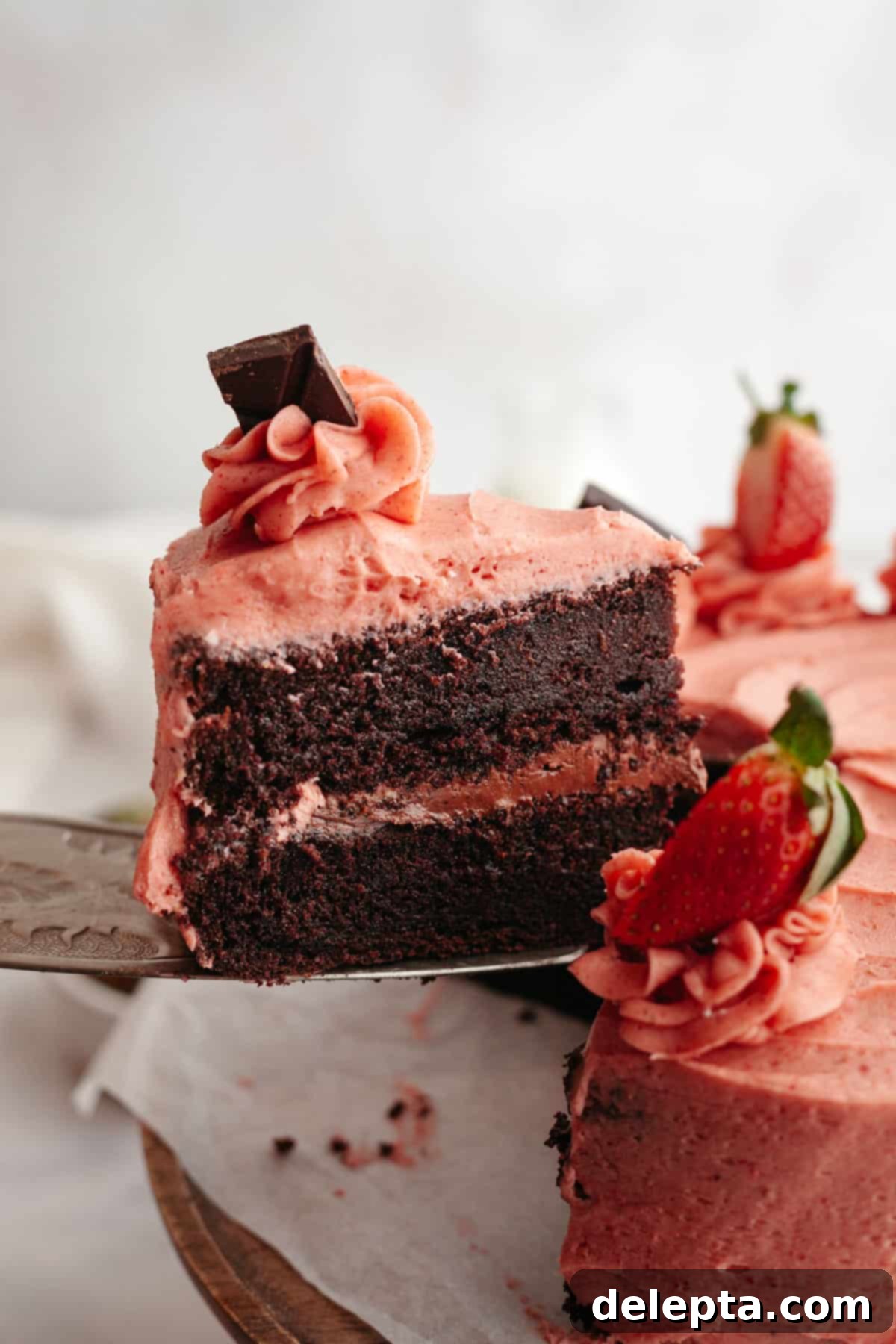 Decadent Chocolate Strawberry Dream Cake 13 A slice of chocolate cake covered in strawberry frosting being lifted out with a cake server.