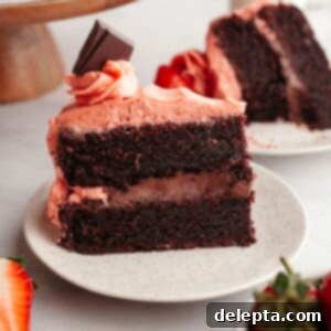 Decadent Chocolate Strawberry Dream Cake 14 A slice of chocolate cake with strawberry ganache filling and strawberry frosting on a small plate.