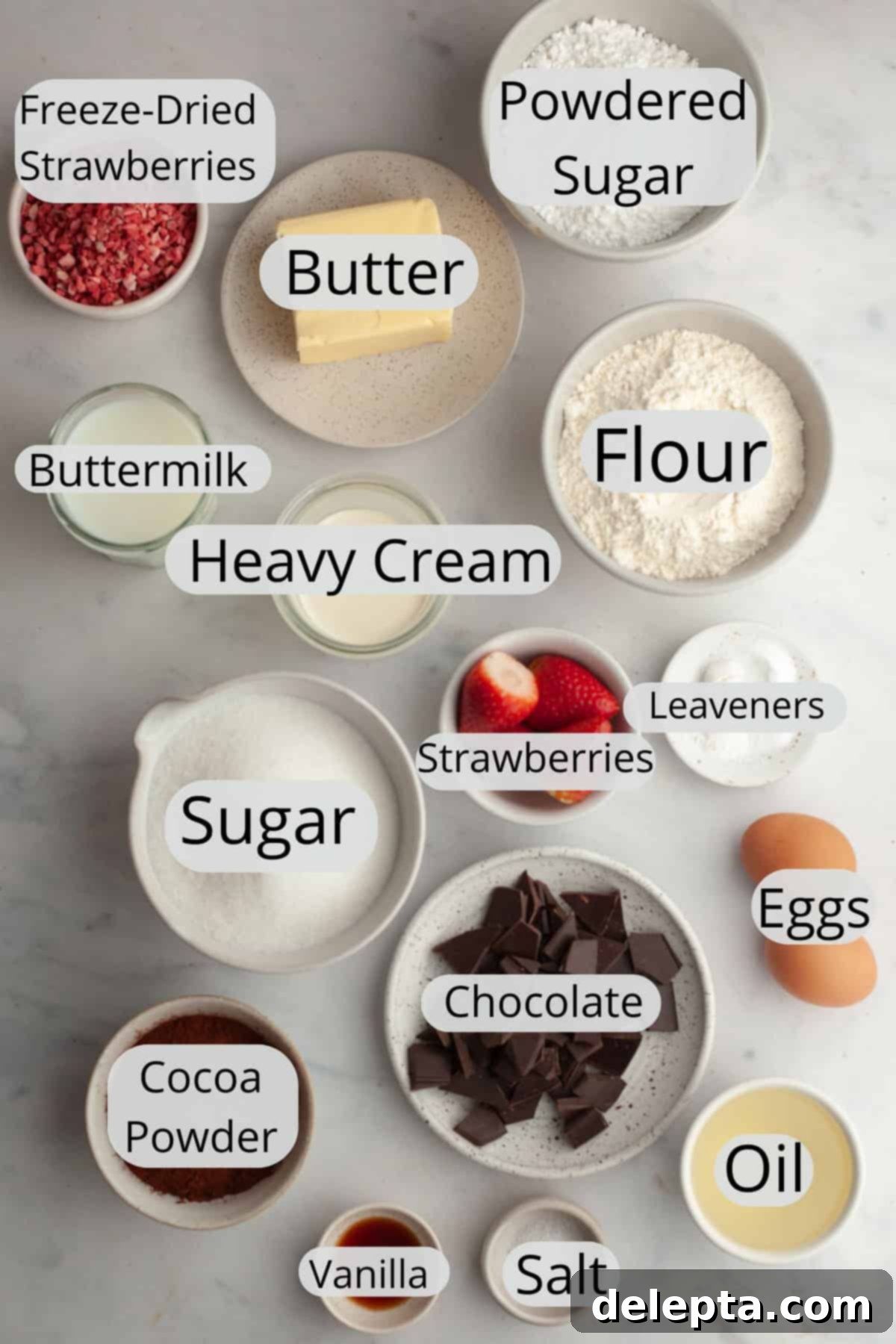 Decadent Chocolate Strawberry Dream Cake 3 All the ingredients needed to make a chocolate covered strawberry cake, weighed out into small bowls.