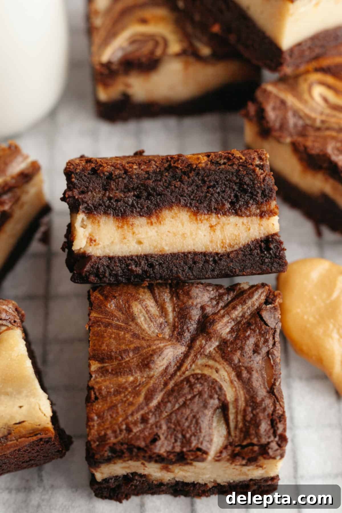 Decadent Peanut Butter Cream Cheese Swirl Brownies 11 A close up of freshly baked peanut butter cream cheese brownies, still warm from the oven.
