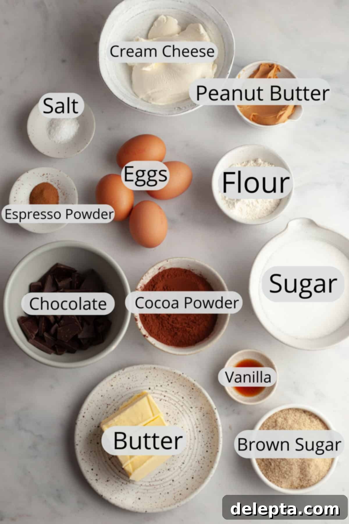 Decadent Peanut Butter Cream Cheese Swirl Brownies 3 All the ingredients needed to make peanut butter cream cheese brownies, carefully weighed out into small bowls, ready for baking.