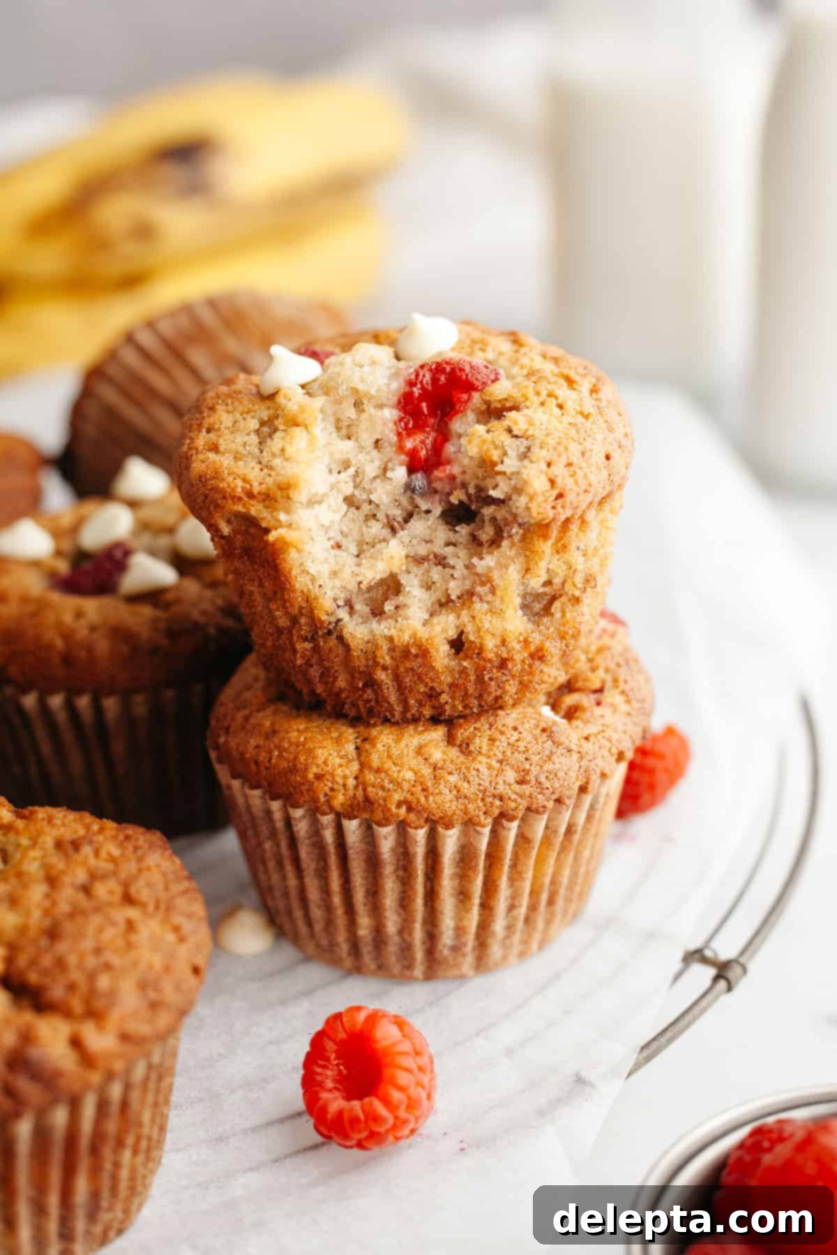 Effortless Banana Raspberry White Chocolate Chip Muffins 2 Two golden-brown banana raspberry muffins with visible white chocolate chips and raspberries, stacked on top of each other. One muffin has a bite taken out of it, revealing its fluffy interior.