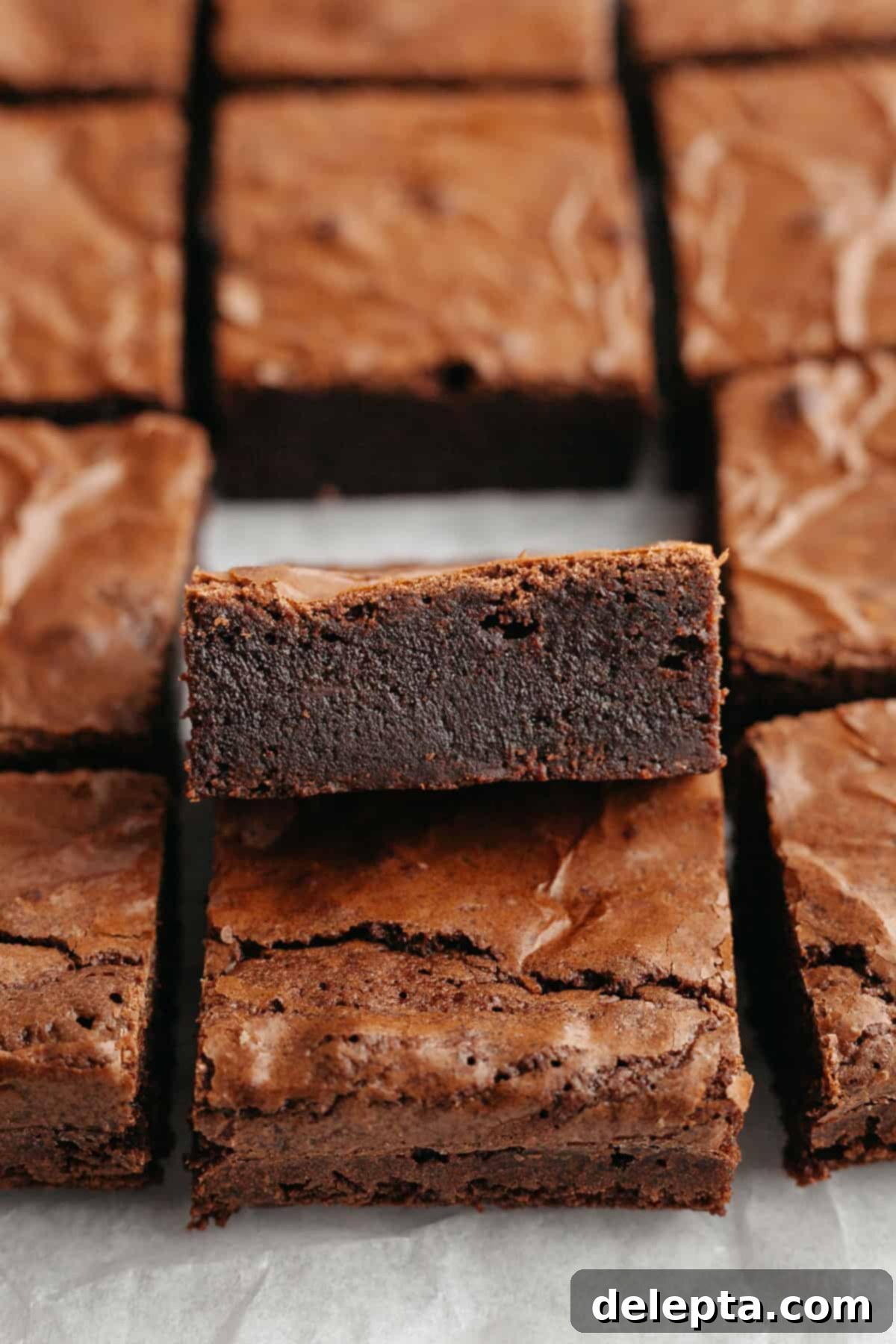 Easy Double Fudge Brownies Better Than Any Bakery 11 A close up of a perfect fudge brownie, highlighting its rich, moist interior and crinkly top.