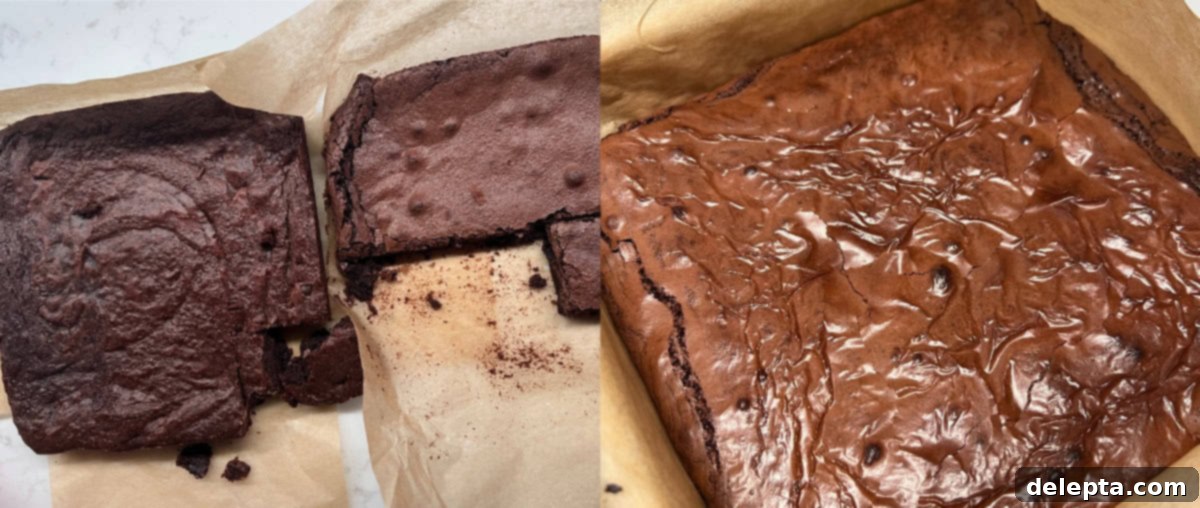 Easy Double Fudge Brownies Better Than Any Bakery 3 Three baked brownies next to each other, showing the progression of different textures from early recipe tests to the final crinkly top result.