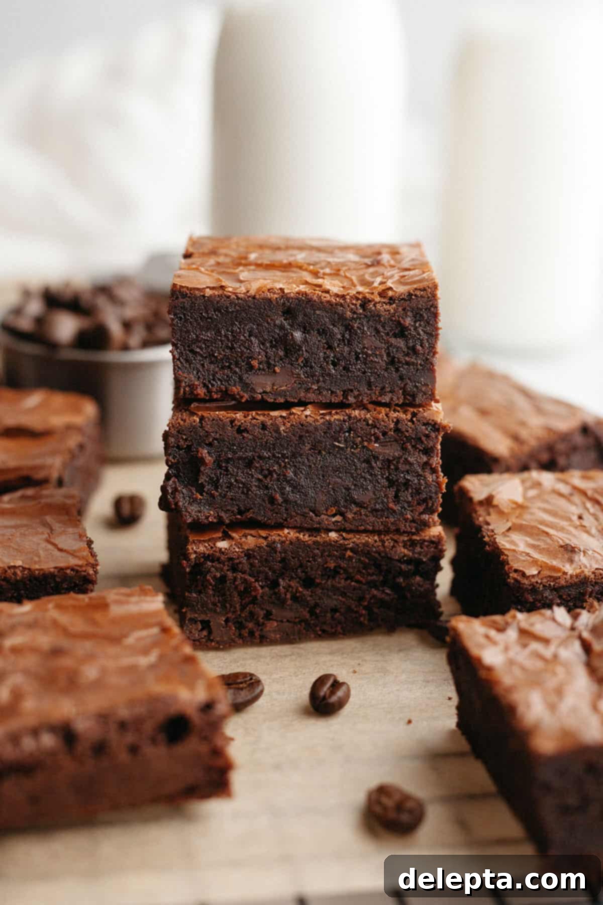 Easy One-Bowl Fudgy Espresso Brownies 2 A stack of three espresso brownies on parchment paper.