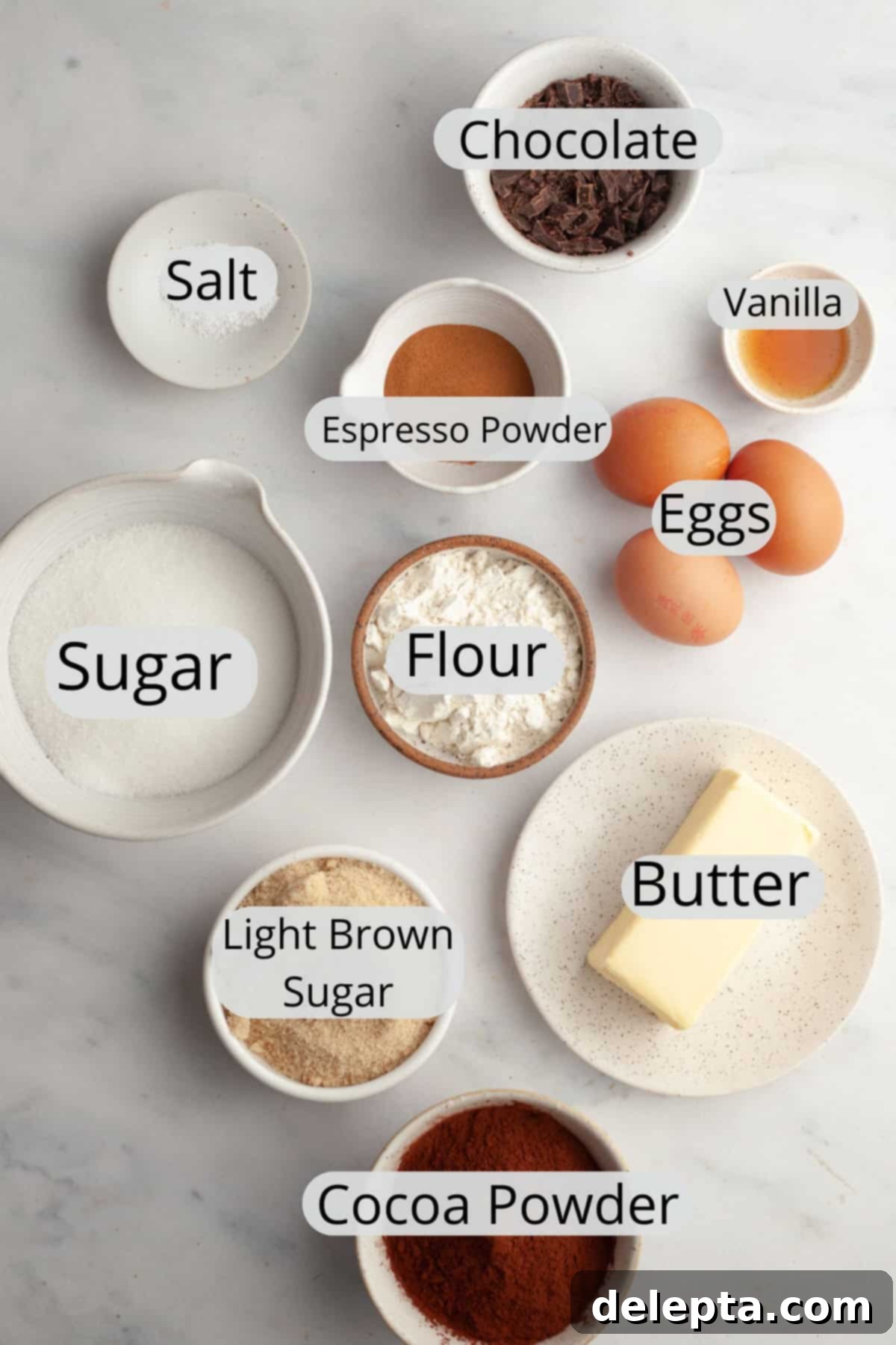 Easy One-Bowl Fudgy Espresso Brownies 3 All the ingredients needed to make espresso brownies, weighed out into small bowls.