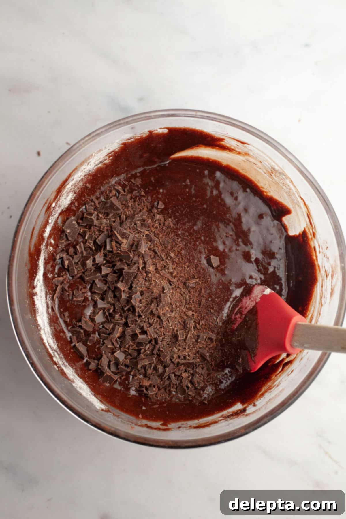 Easy One-Bowl Fudgy Espresso Brownies 8 Brownie batter in a bowl with chopped chocolate.