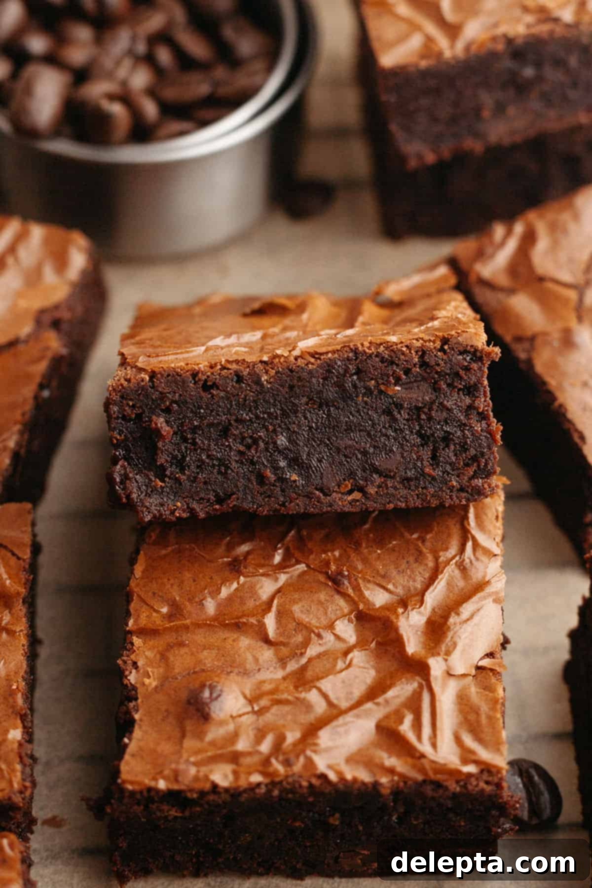 Easy One-Bowl Fudgy Espresso Brownies 9 A close up of fudgy espresso brownies.