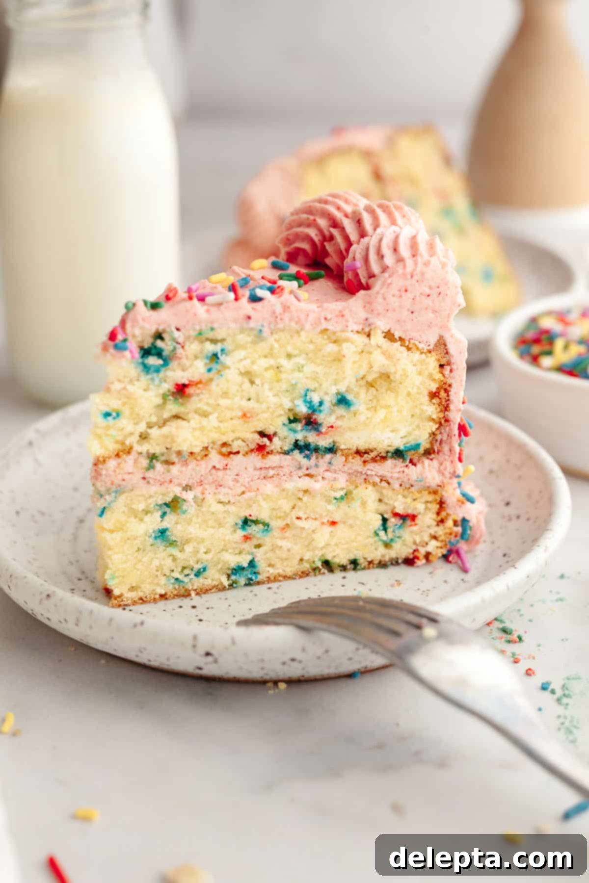 Strawberry Funfetti Fantasy 2 A slice of strawberry funfetti cake on a small plate, showing moist layers and pink buttercream.