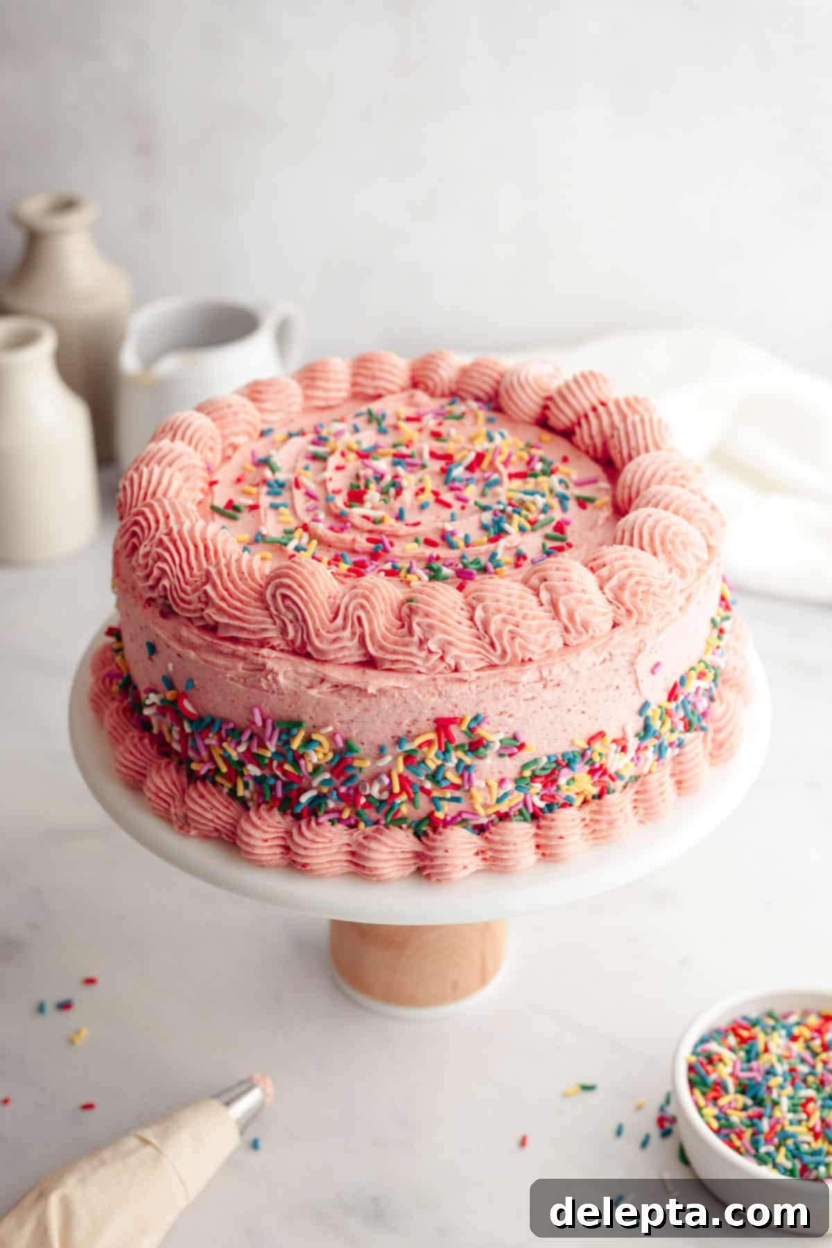 Strawberry Funfetti Fantasy 12 A fully frosted strawberry funfetti cake decorated with sprinkles and piped edges on a white cake stand.