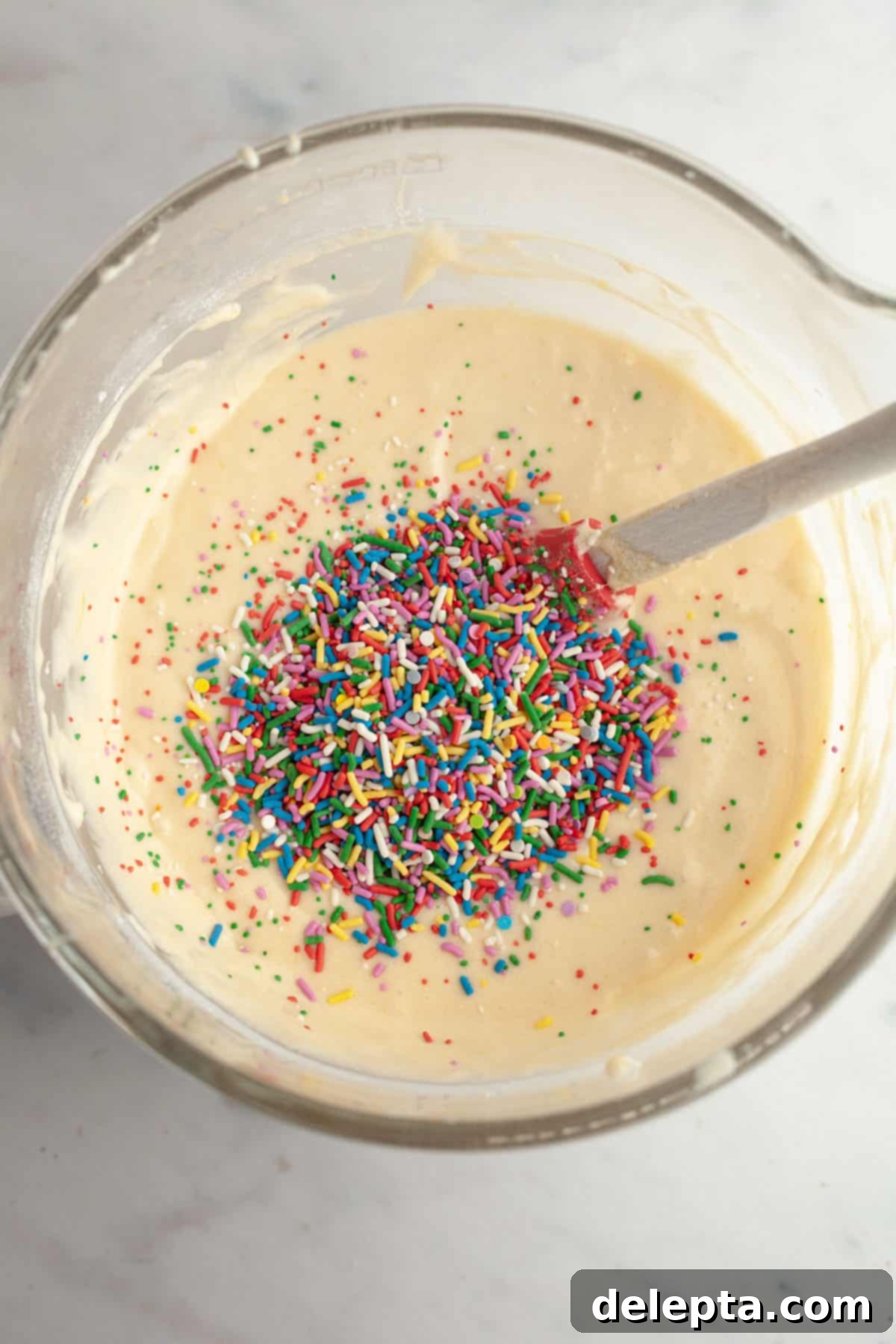 Strawberry Funfetti Fantasy 8 Cake batter in a bowl with colorful sprinkles gently folded in.