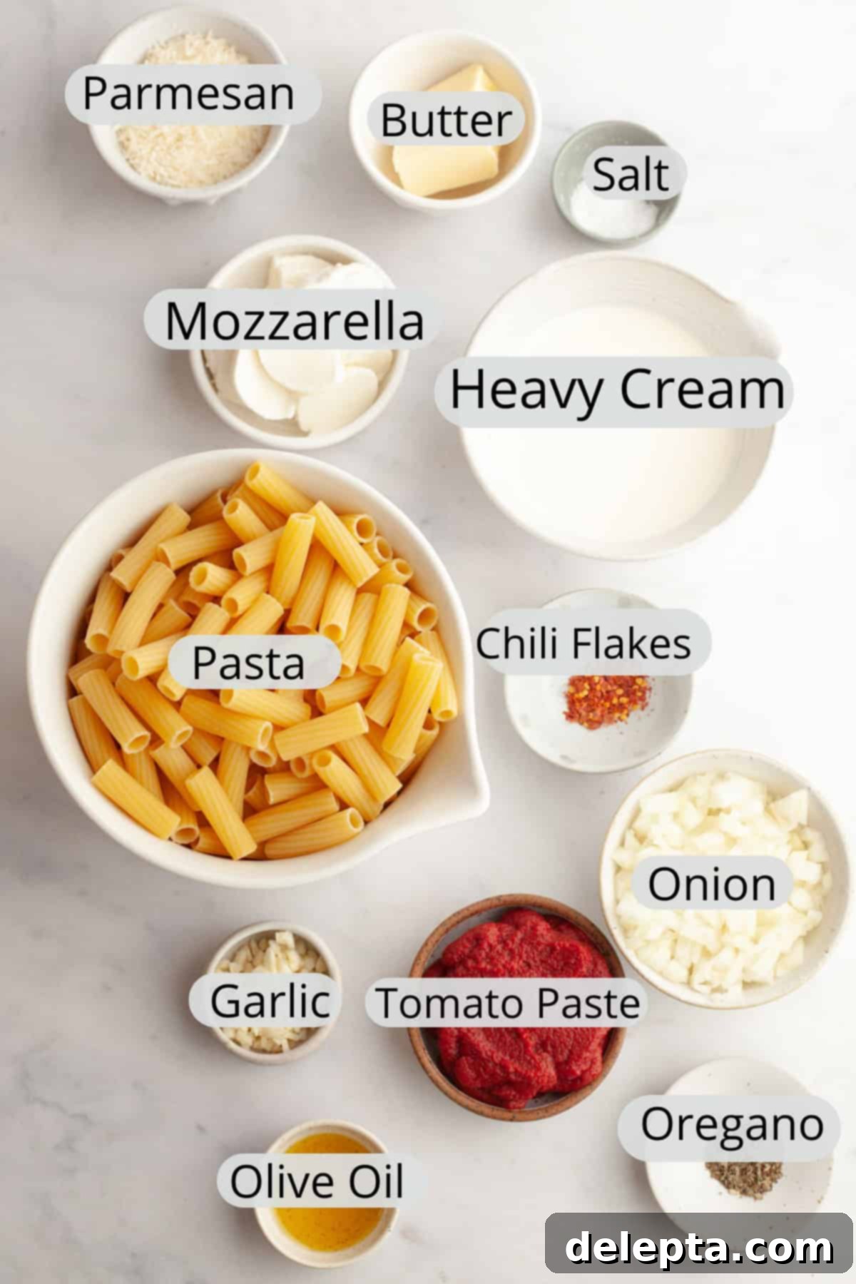 Easy Baked Pasta with Virgin Vodka Sauce 3 All the fresh ingredients meticulously laid out in small bowls, ready for making baked pasta with vodka sauce.